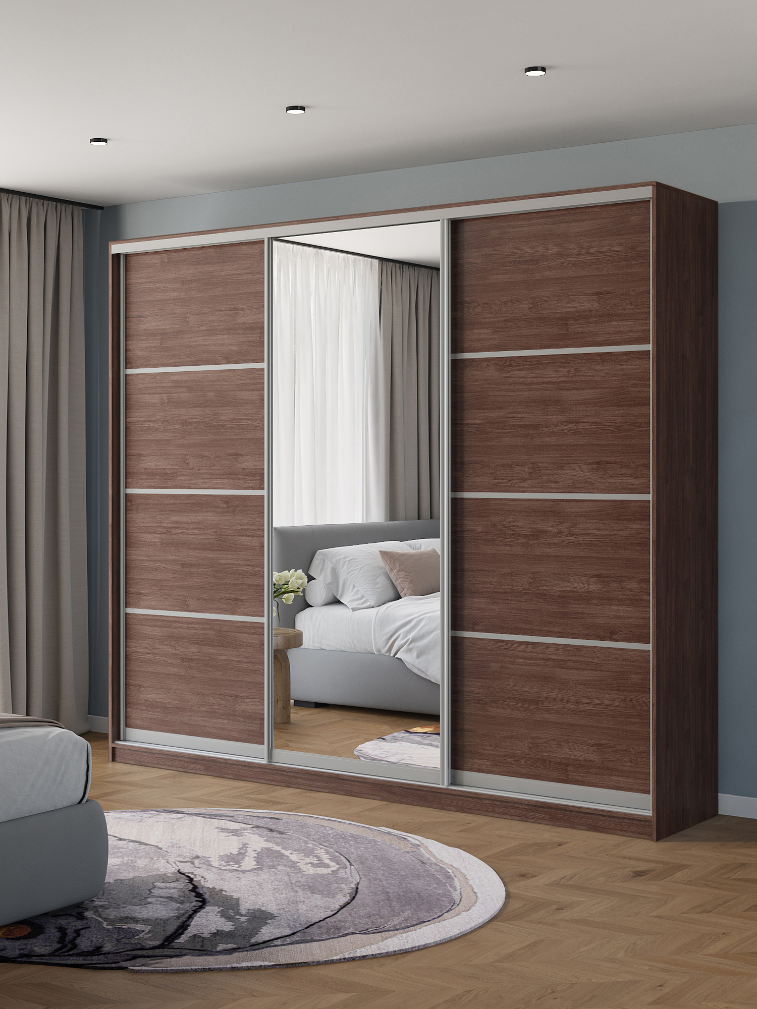Изображение товара Шкаф-купе Клевер Атина с 3 дверями и зеркалом 240x270x45 см 9 полок ЛДСП цвет шамони темный