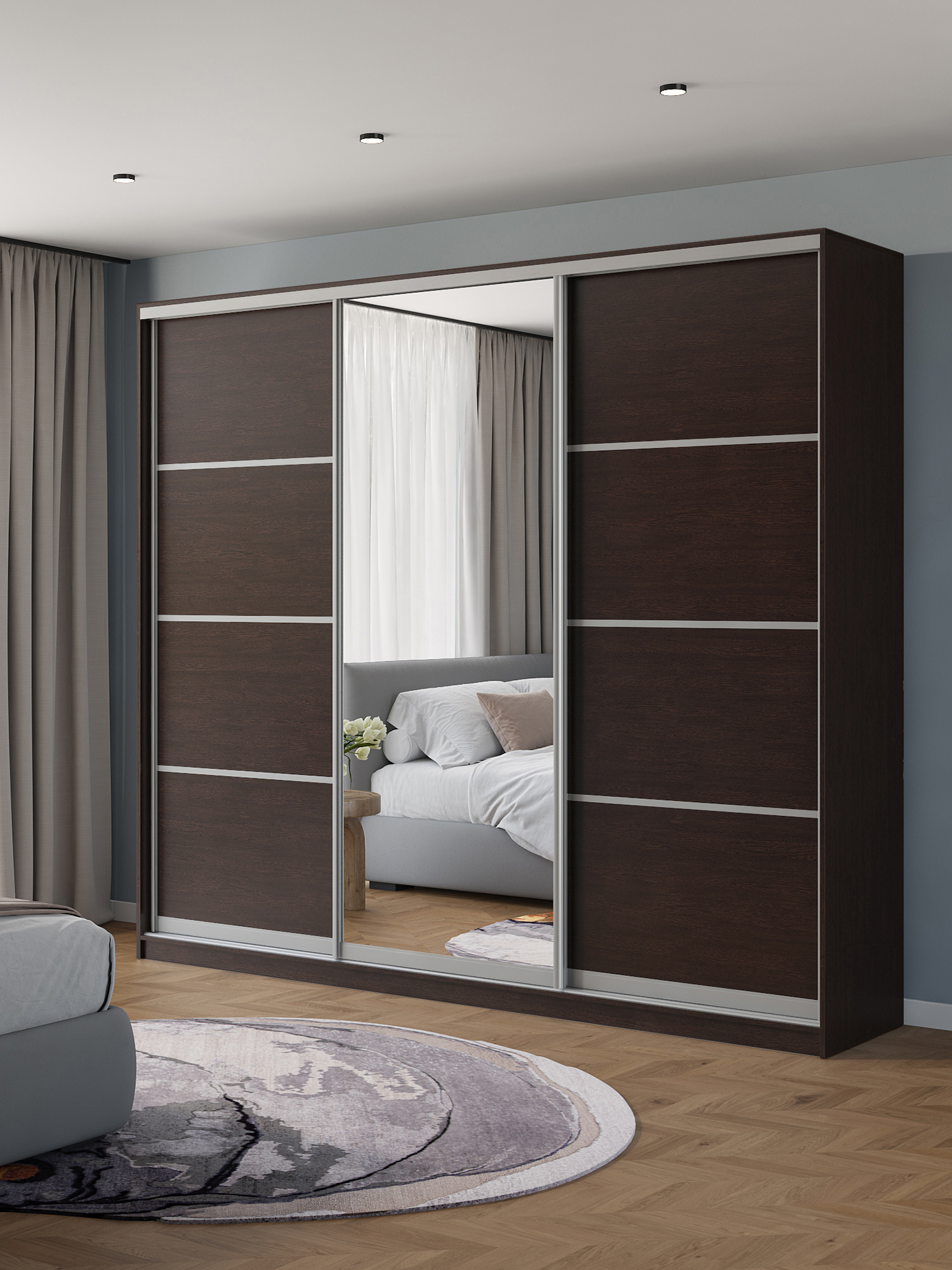 Изображение товара Шкаф-купе Клевер Атина с 3 дверями и зеркалом 240x270x50 см 9 полок ЛДСП цвет венге