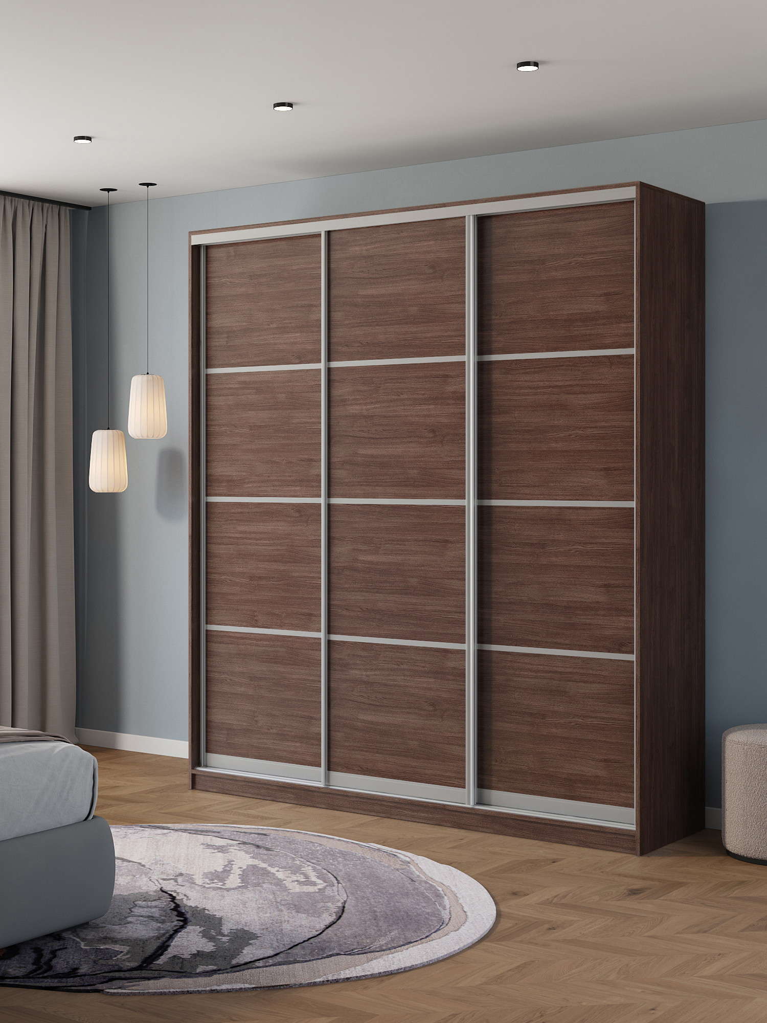 Изображение товара Шкаф-купе Клевер Атина с 3 дверями 240x200x58 см 9 полок ЛДСП цвет шамони темный