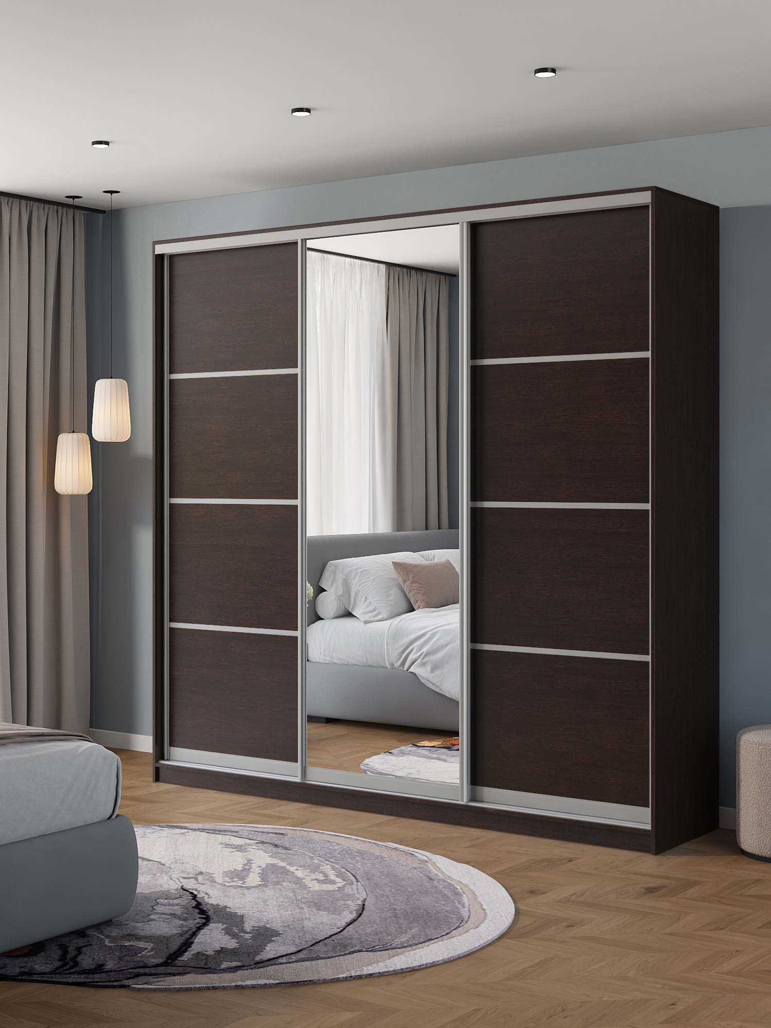 Изображение товара Шкаф-купе Клевер Атина с 3 дверями и зеркалом 240x250х65 см 9 полок ЛДСП цвет венге