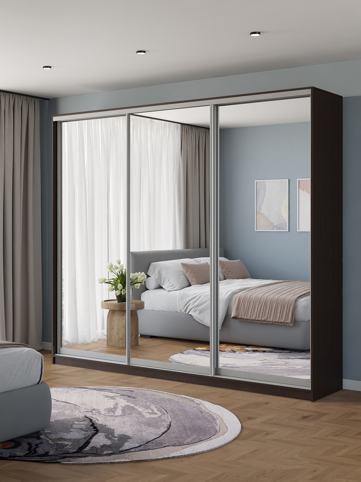 Изображение товара Шкаф-купе Клевер Атина с 3 дверями 240x270х65 см 9 полок ЛДСП цвет венге зеркальный