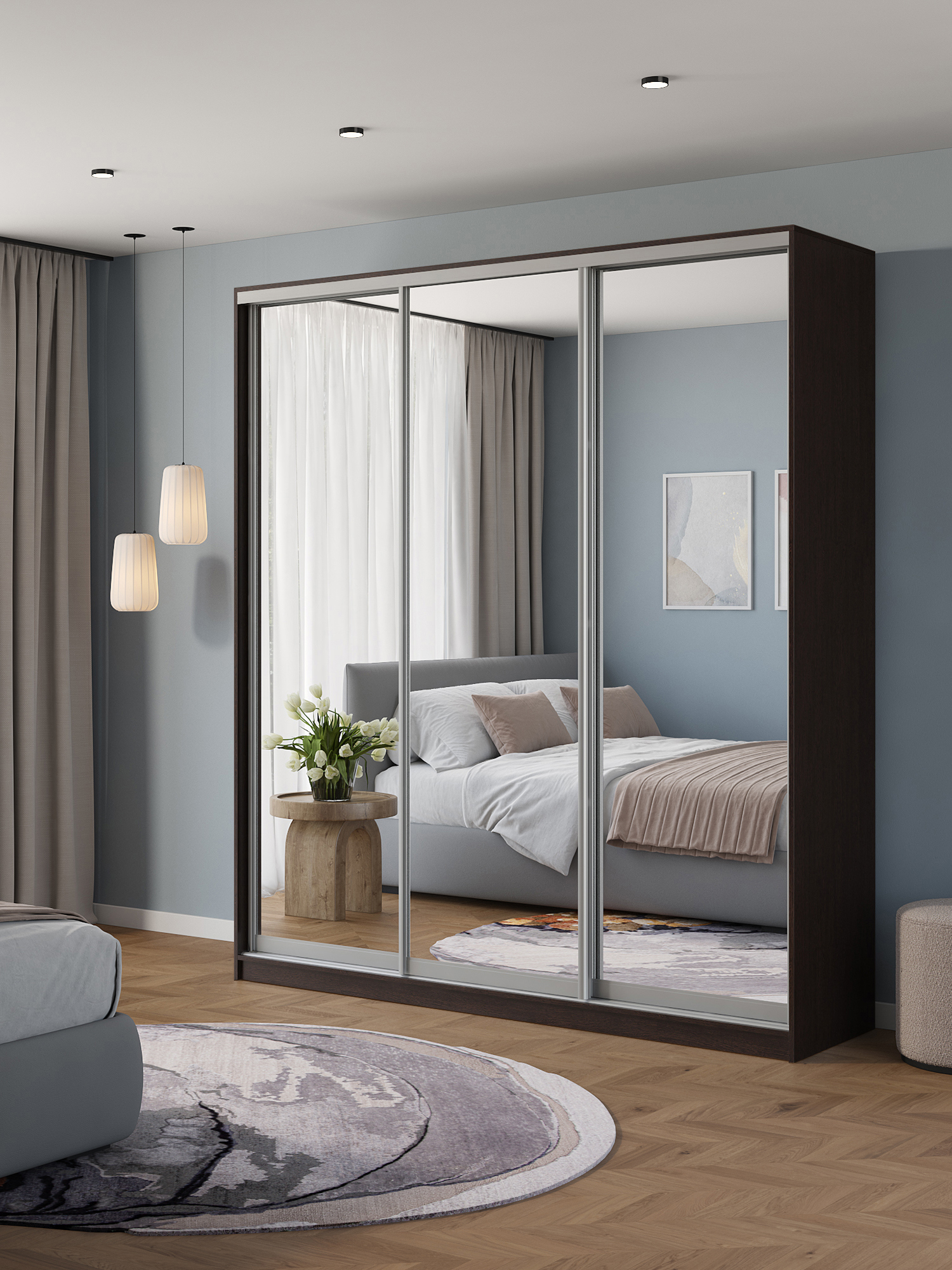 Изображение товара Шкаф-купе Клевер Атина 3 двери зеркальный 210x240x58 см ЛДСП венге минимализм Изображение товара Шкаф-купе Клевер Атина 3 двери зеркальный 210x240x58 см ЛДСП венге минимализм