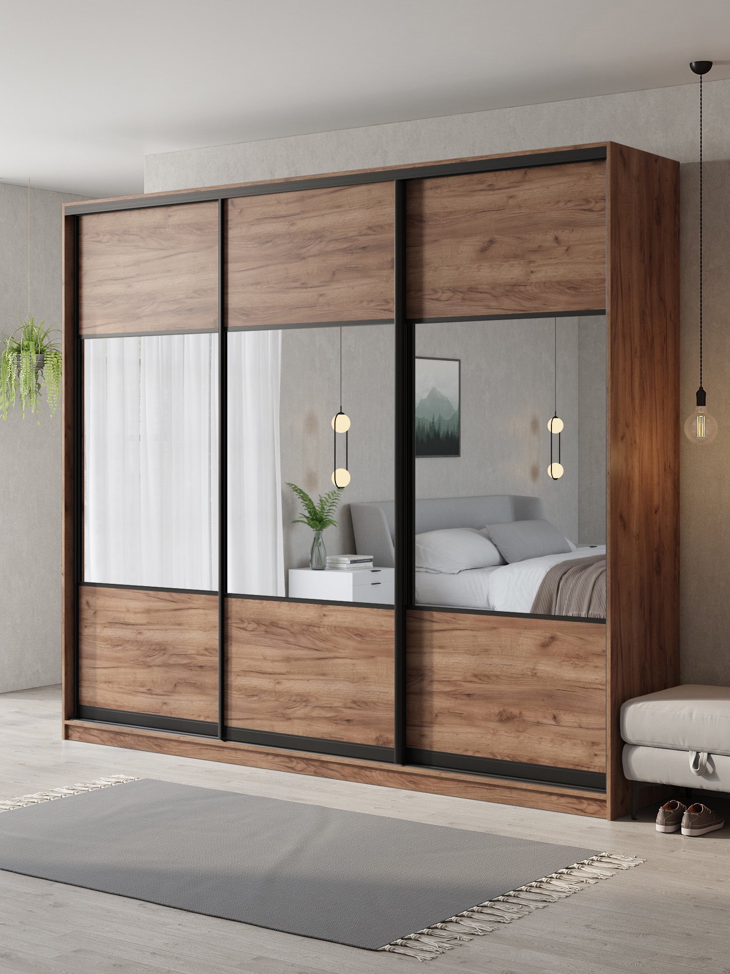 Изображение товара Шкаф-купе Клевер Атина 3 двери 240x270x45 см с полками и зеркалом цвет дуб крафт табак Изображение товара Шкаф-купе Клевер Атина 3 двери 240x270x45 см с полками и зеркалом цвет дуб крафт табак