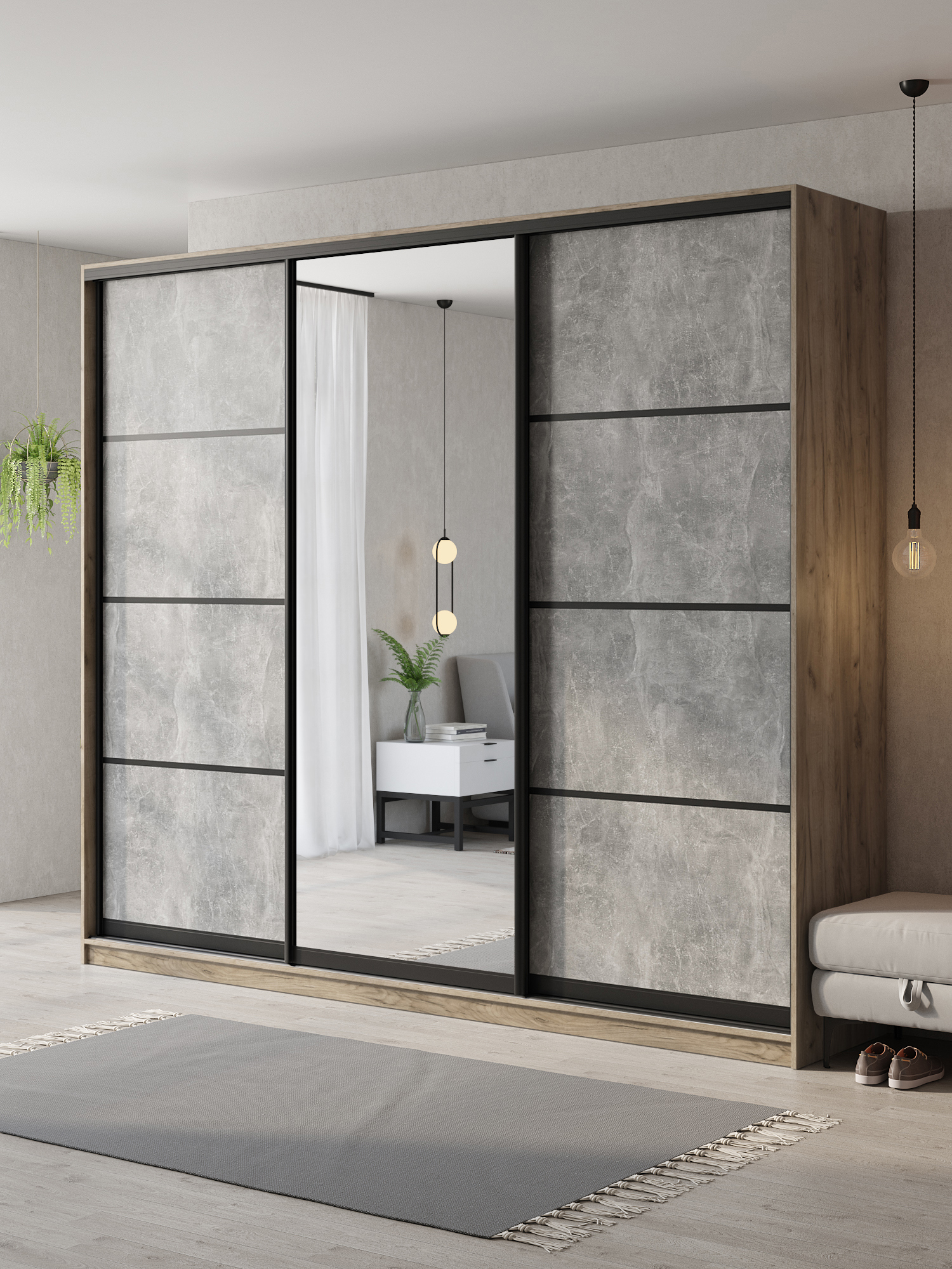 Изображение товара Шкаф-купе Клевер Атина с 3 дверьми и зеркалом 260x240х58 см, Дуб крафт серый