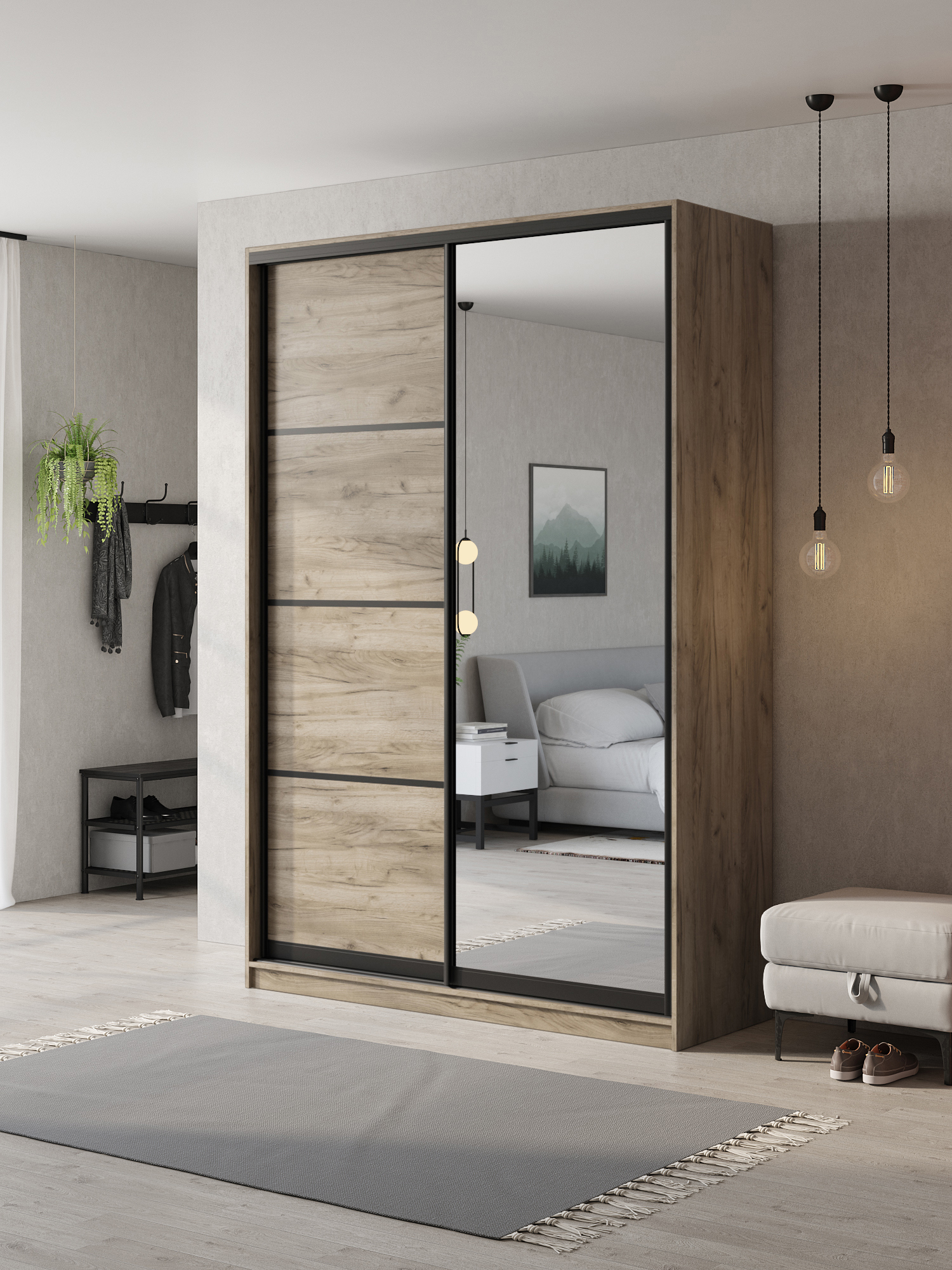 Изображение товара Шкаф-купе Клевер Атина с 2 дверями и зеркалом 240x140x65 см 6 полок ЛДСП цвет дуб крафт серый