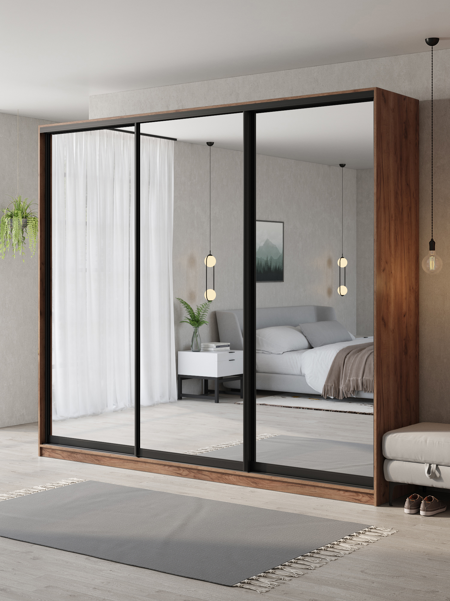 Изображение товара Шкаф-купе Клевер Атина с 3 дверями 240x260х45 см 9 полок ЛДСП цвет дуб крафт табак зеркальный