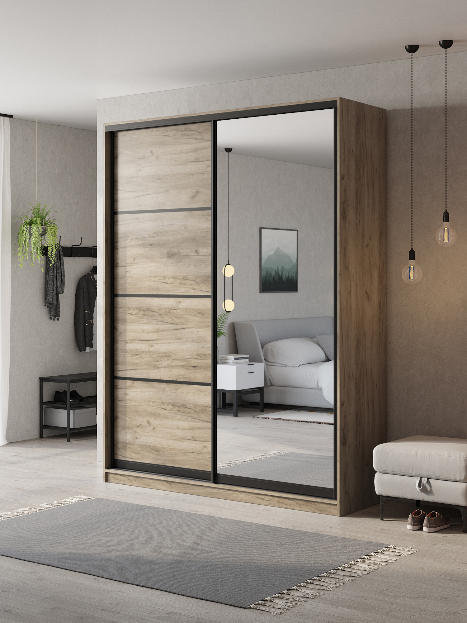 Изображение товара Шкаф-купе Клевер Атина с зеркалом 2 двери 240x190x50 см в цвете дуб крафт серый Изображение товара Шкаф-купе Клевер Атина с зеркалом 2 двери 240x190x50 см в цвете дуб крафт серый