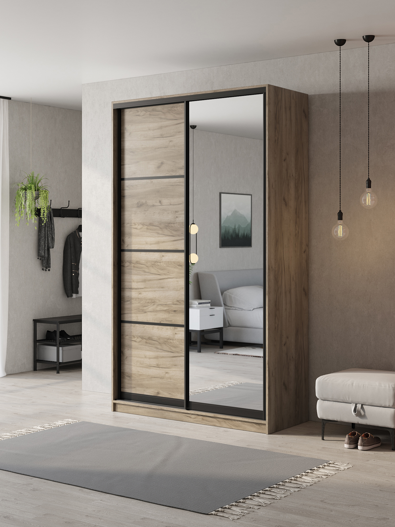 Изображение товара Шкаф-купе Клевер Атина с зеркалом 110x240x58 см 2 двери серый дуб крафт