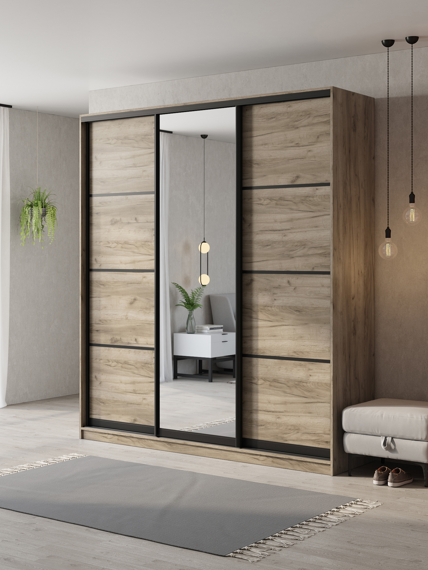 Изображение товара Шкаф-купе Клевер Атина с 3 дверями и зеркалом 240x220x65 см 9 полок ЛДСП цвет дуб крафт серый