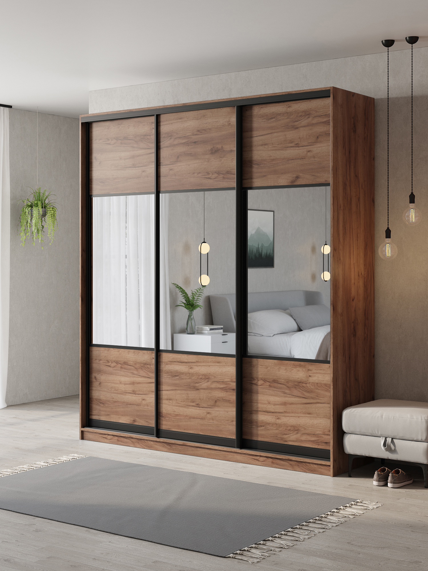 Изображение товара Шкаф-купе Клевер Атина 3 двери 240x200x45 см с полками и зеркалом