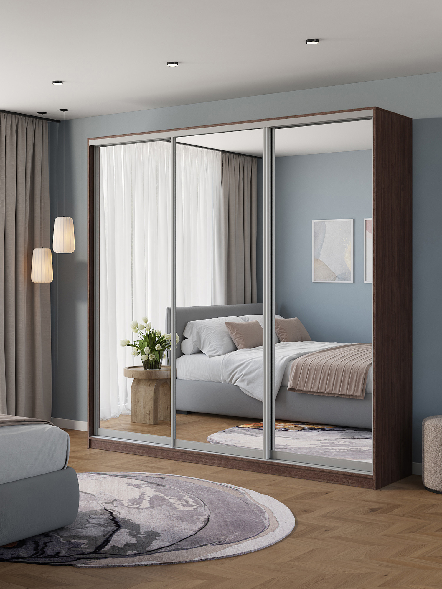 Изображение товара Шкаф-купе Клевер Атина с 3 дверями 240x250x45 см 9 полок ЛДСП цвет шамони темный зеркальный