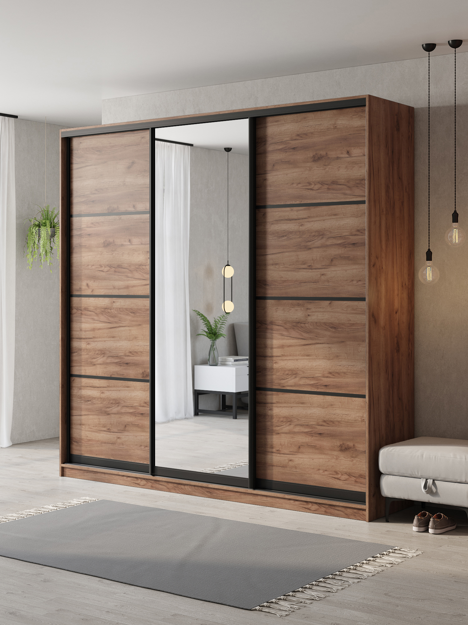 Изображение товара Шкаф-купе Клевер Атина с 3 дверями и зеркалом 240x230х45 см 9 полок ЛДСП цвет дуб крафт табак