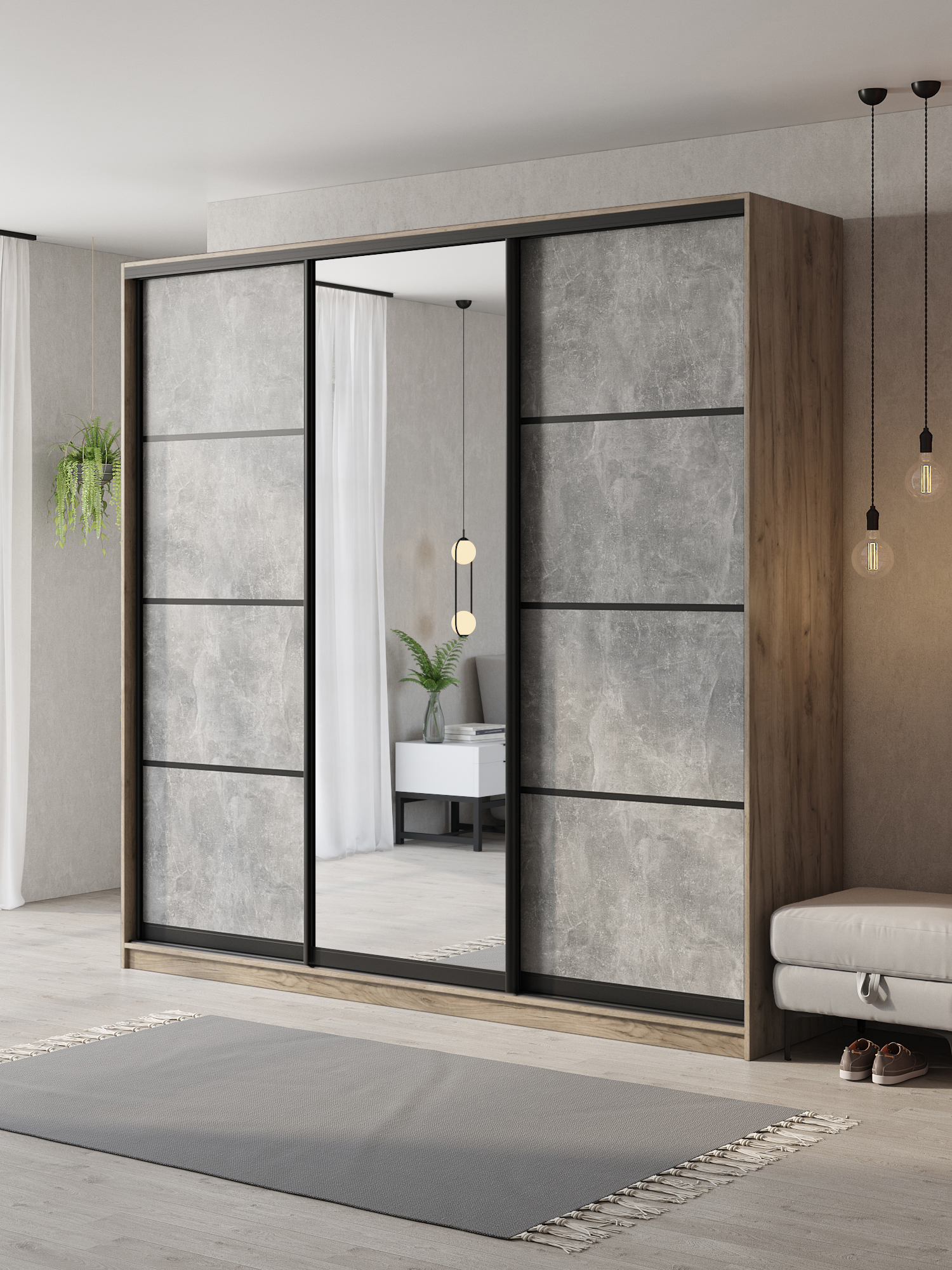 Изображение товара Шкаф-купе Клевер Атина с 3 дверями и зеркалом 240x250x58 см 9 полок ЛДСП цвет дуб крафт серый/бетон серый