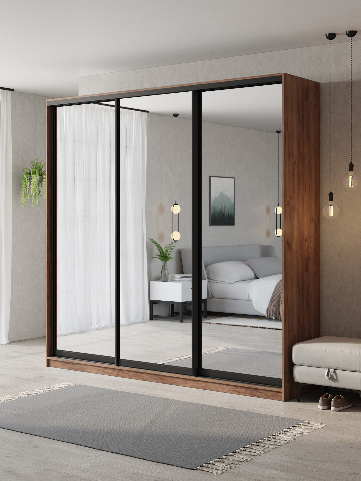 Изображение товара Шкаф-купе Клевер Атина с 3 дверями 240x250х45 см 9 полок ЛДСП цвет дуб крафт табак зеркальный