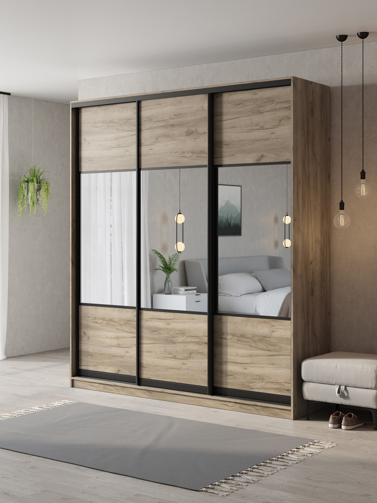 Изображение товара Шкаф-купе Клевер Атина 3 двери 240x200x58 см с полками и зеркалом серый Изображение товара Шкаф-купе Клевер Атина 3 двери 240x200x58 см с полками и зеркалом серый