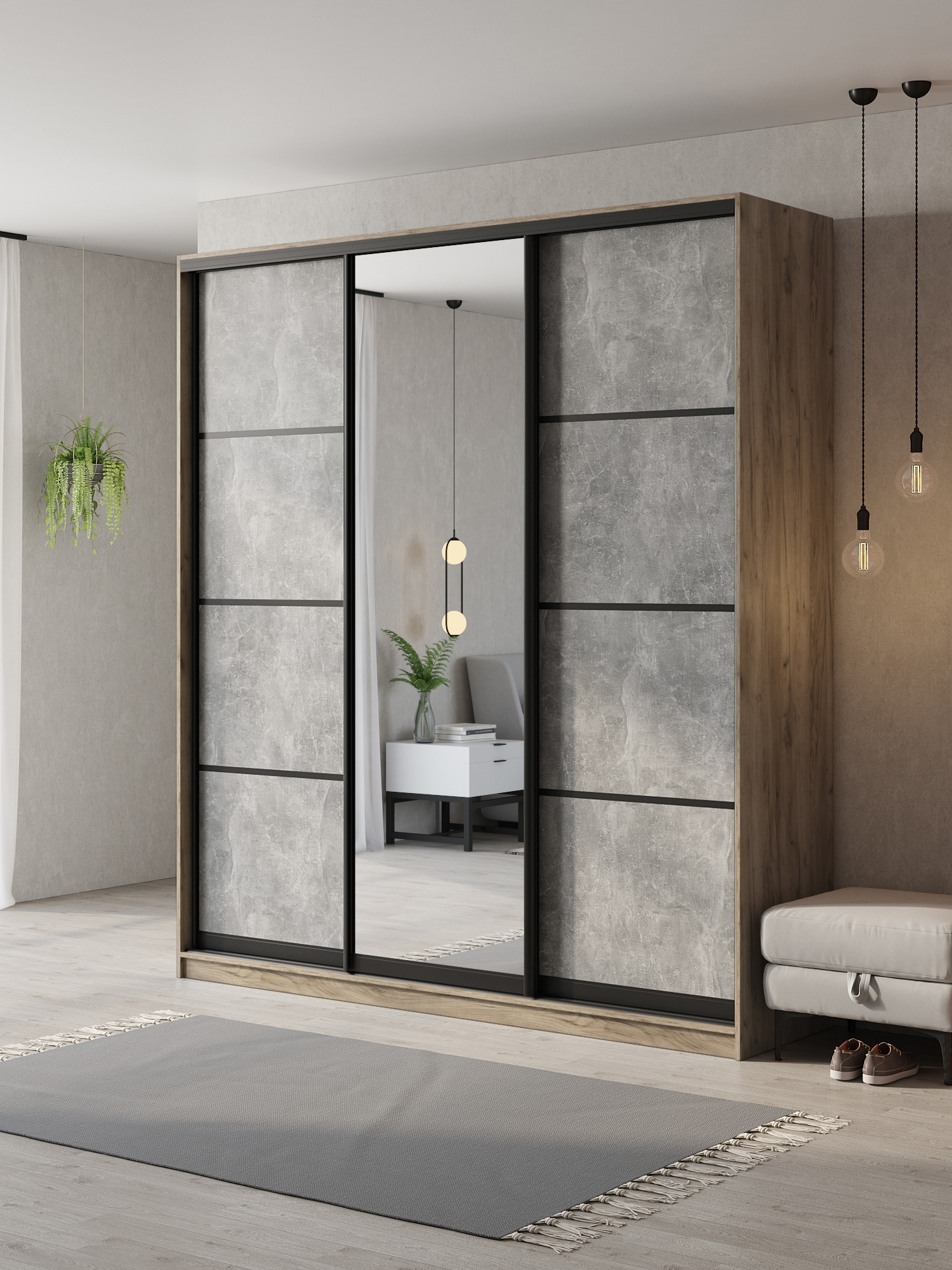 Изображение товара Шкаф-купе Клевер Атина с 3 дверями и зеркалом 240x220x58 см 9 полок ЛДСП цвет дуб крафт серый/бетон серый