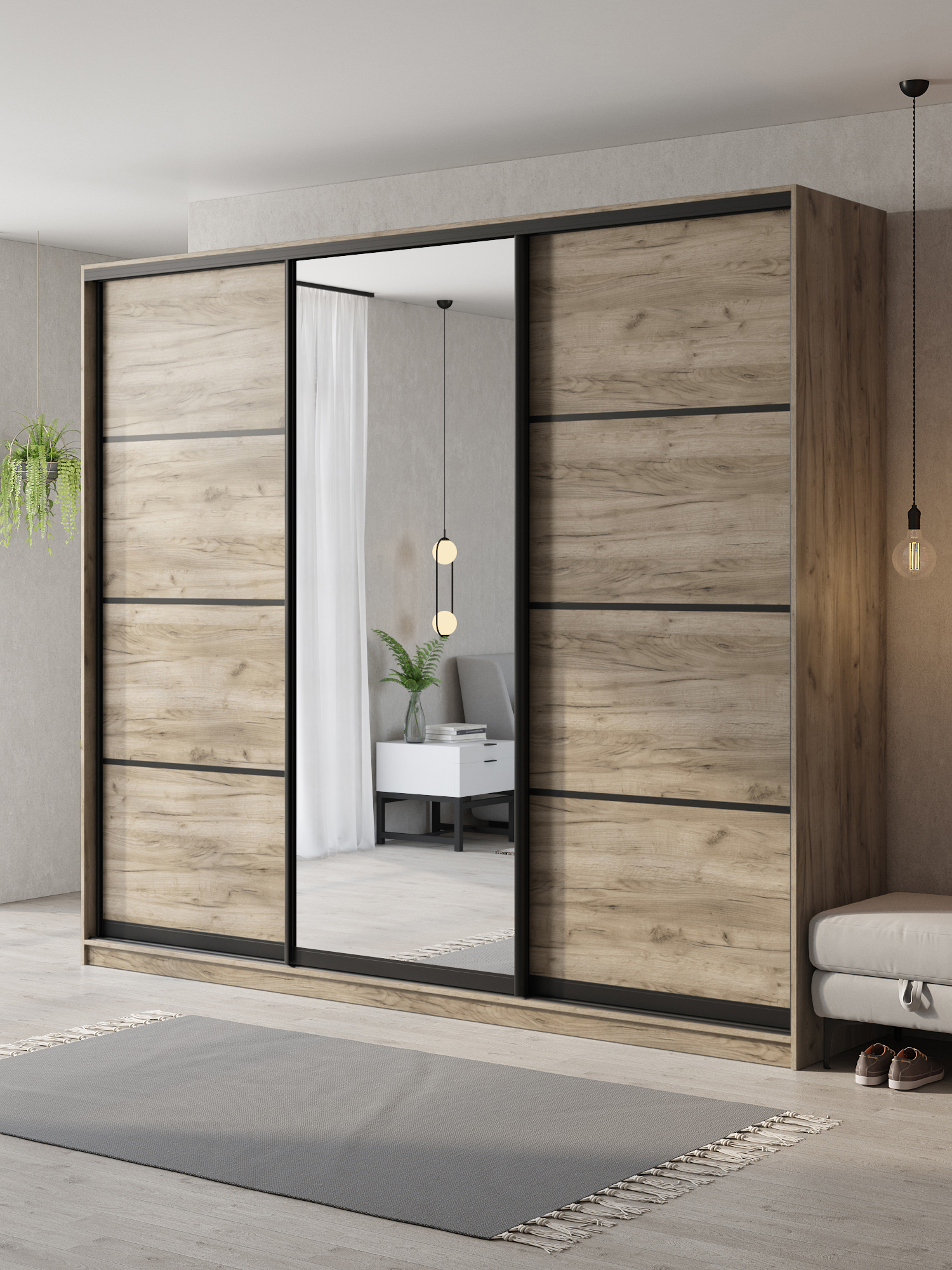 Изображение товара Шкаф-купе Клевер Атина с 3 дверями и зеркалом 240x270х50 см 9 полок ЛДСП цвет дуб крафт серый