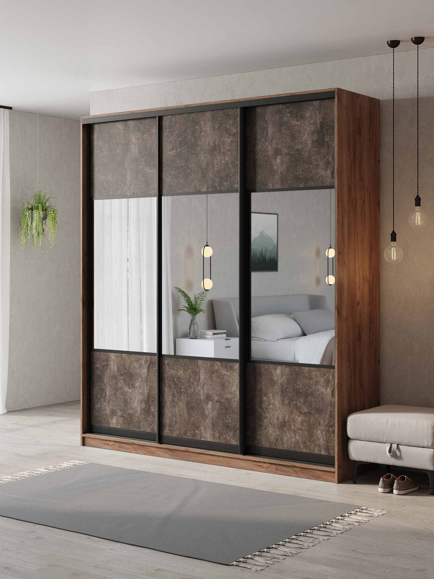 Изображение товара Шкаф-купе Клевер Атина с 3 дверями 240x200x58 см 9 полок ЛДСП цвет дуб крафт табак комбинированный/бетон темный