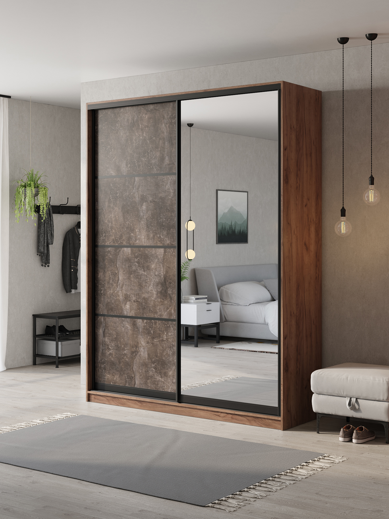 Изображение товара Шкаф-купе Клевер Атина с 2 дверями и зеркалом 240x170x65 см 6 полок ЛДСП цвет дуб крафт табак/бетон темный