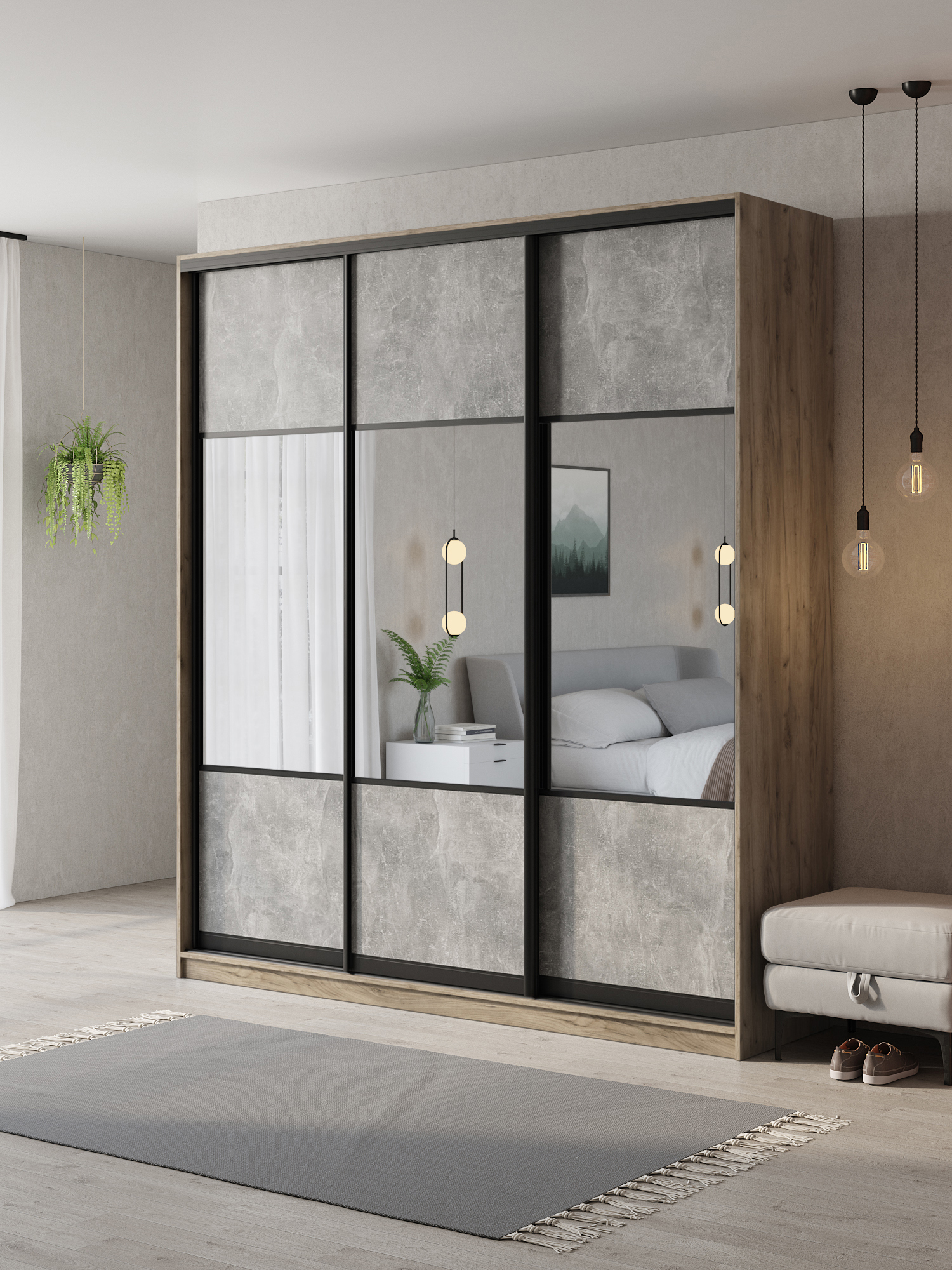 Изображение товара Шкаф-купе Клевер Атина с 3 дверями и зеркалом 210x240 см минимализм Изображение товара Шкаф-купе Клевер Атина с 3 дверями и зеркалом 210x240 см минимализм