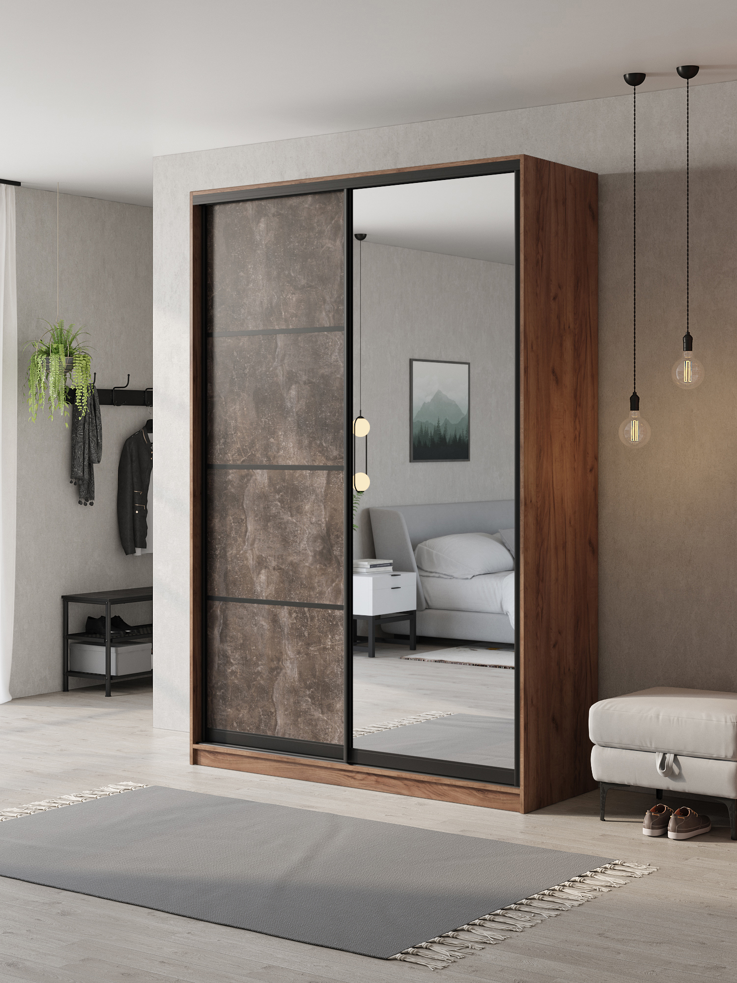 Изображение товара Шкаф-купе Клевер Атина с 2 дверями и зеркалом 240x150x50 см 6 полок ЛДСП цвет дуб крафт табак/бетон темный