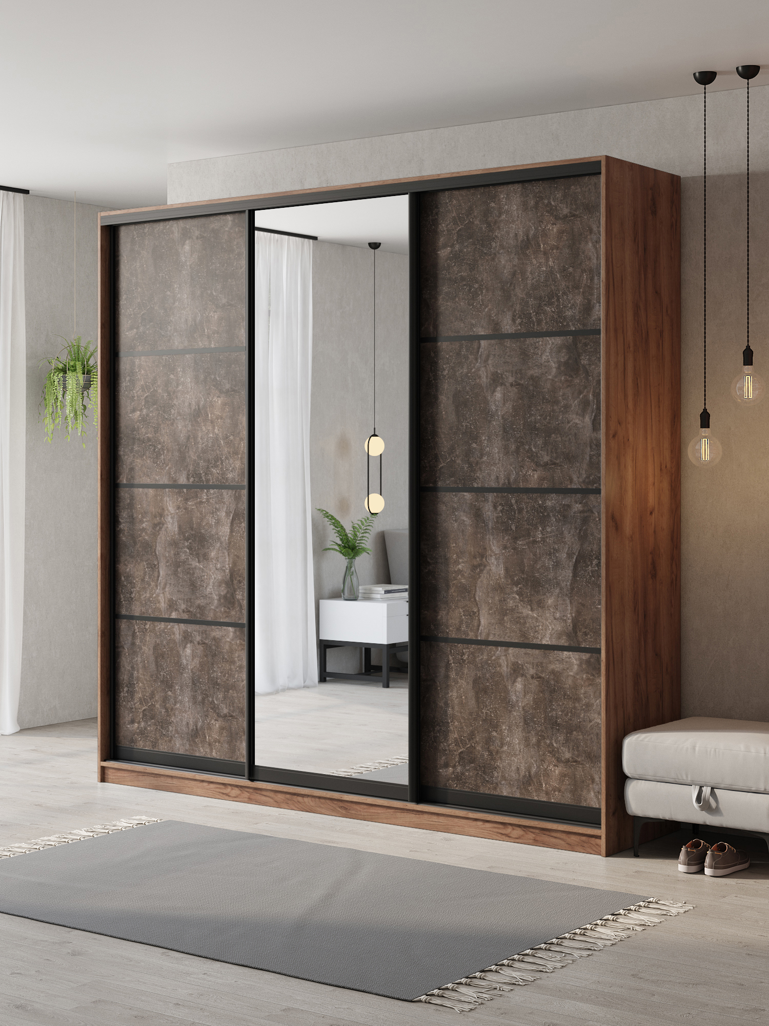 Изображение товара Шкаф-купе Клевер Атина с 3 дверями и зеркалом 240x250x50 см 9 полок ЛДСП цвет дуб крафт табак/бетон темный