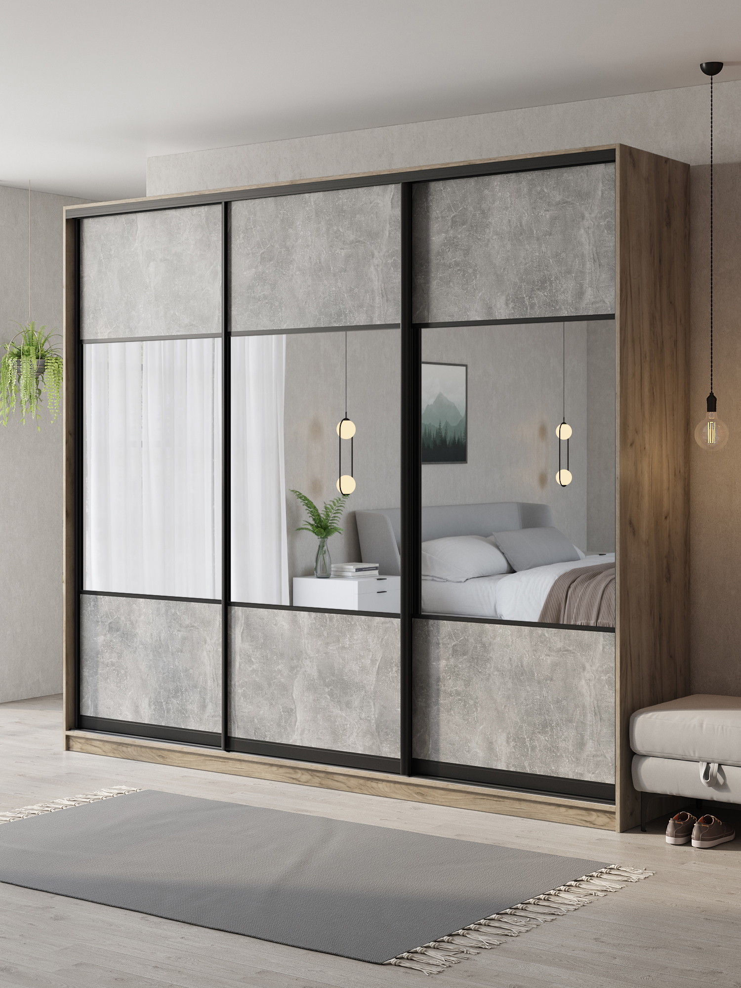 Изображение товара Шкаф-купе Клевер Атина с 3 дверями 240x260x58 см 9 полок ЛДСП цвет дуб крафт серый комбинированный/бетон серый