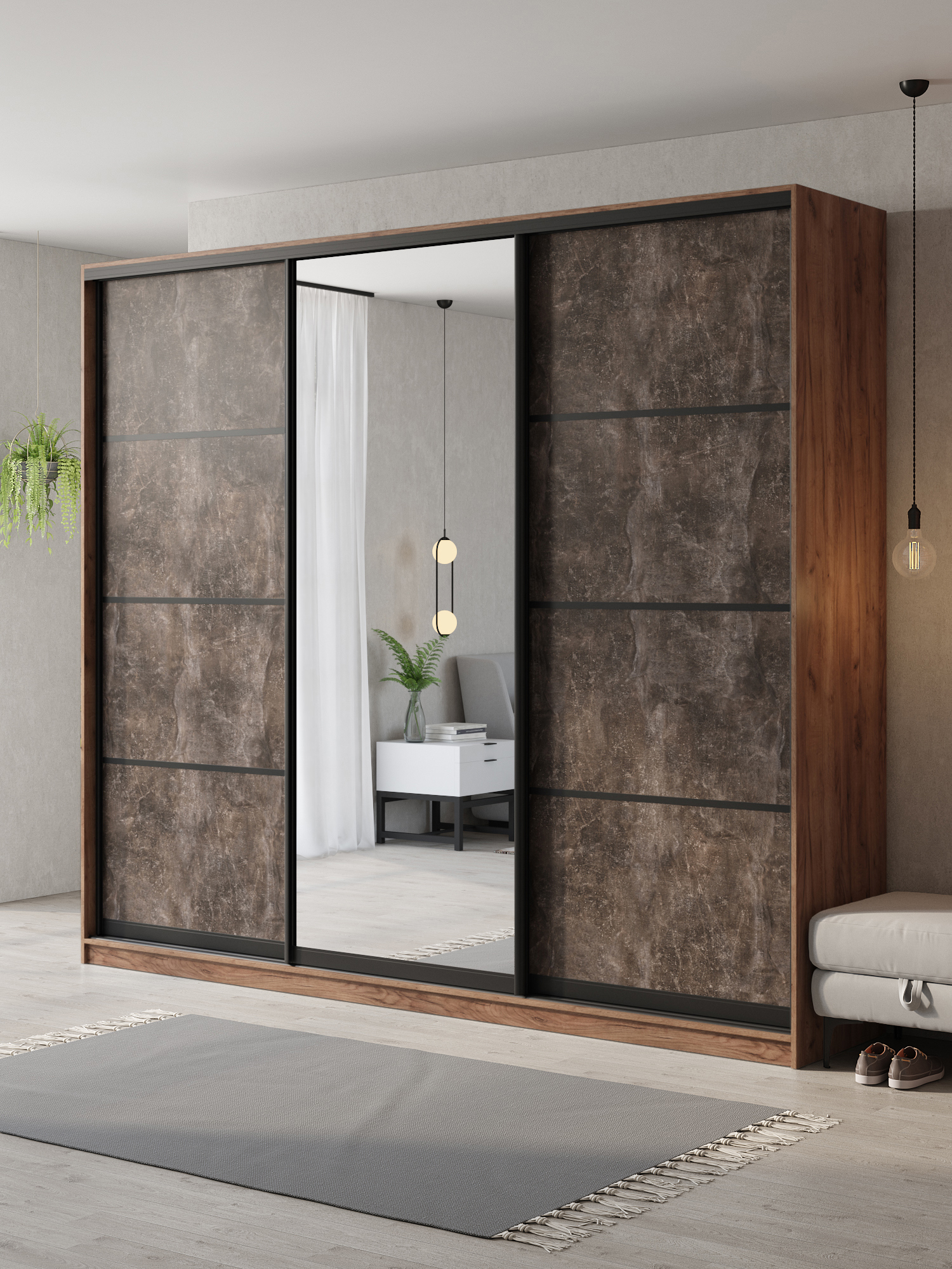 Изображение товара Шкаф-купе Клевер Атина с 3 дверями и зеркалом 240x260x45 см 9 полок ЛДСП цвет дуб крафт табак/бетон темный