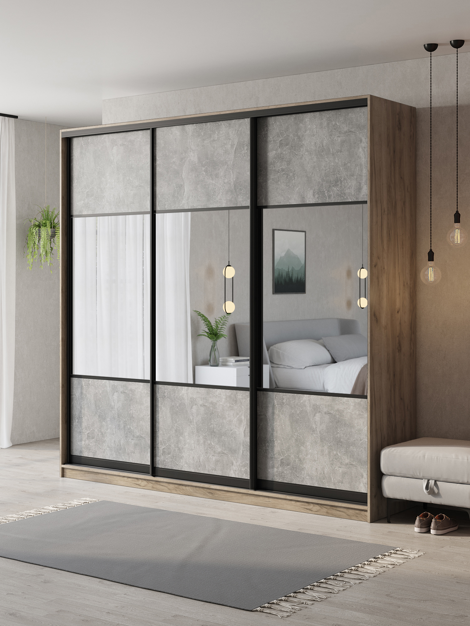 Изображение товара Шкаф-купе Клевер Атина с 3 дверями 240x230x58 см 9 полок ЛДСП цвет дуб крафт серый комбинированный/бетон серый