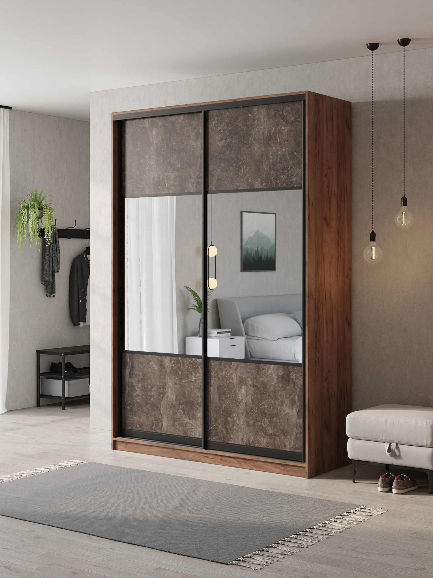 Изображение товара Шкаф-купе Клевер Атина 2 двери 240x160x50 см стиль минимализм цвет дуб крафт табак бетон темный