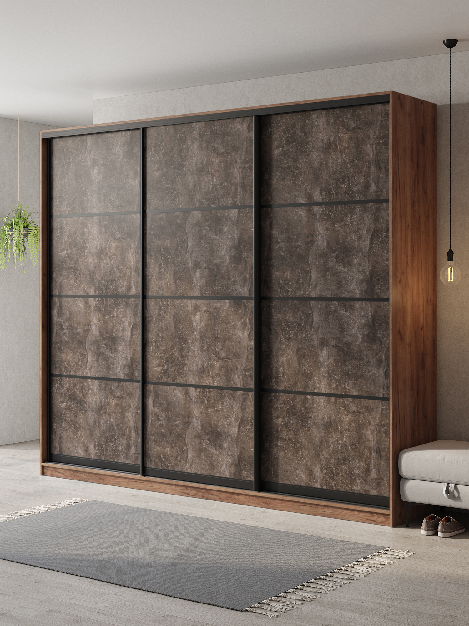 Изображение товара Шкаф-купе Клевер Атина с 3 дверями 240x270 см из ЛДСП цвет дуб крафт табак бетон тёмный Изображение товара Шкаф-купе Клевер Атина с 3 дверями 240x270 см из ЛДСП цвет дуб крафт табак бетон тёмный