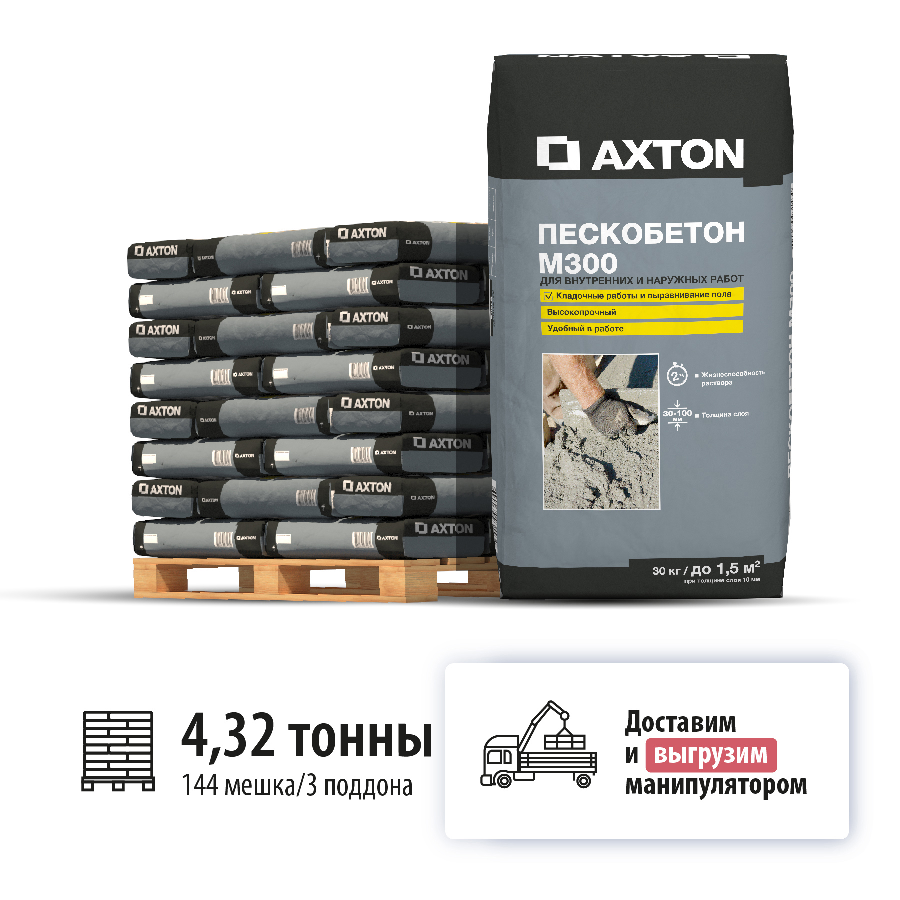Изображение товара Пескобетон Axton M300 для стен, фасадов и стяжек, 144 мешка по 30 кг