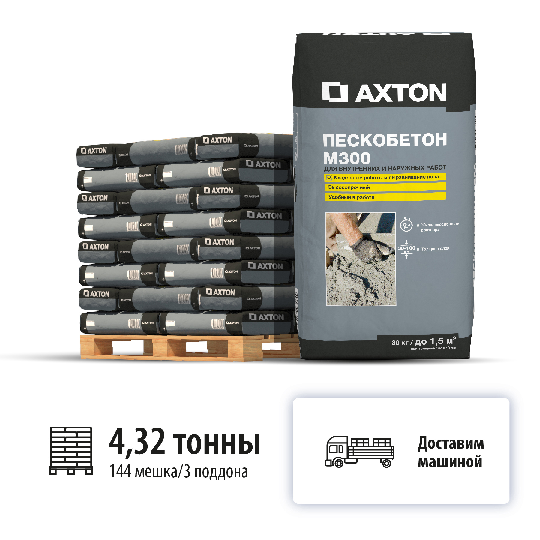 Изображение товара Пескобетон М300 Axton цвет серый комплект 30кг x 144шт с доставкой машиной