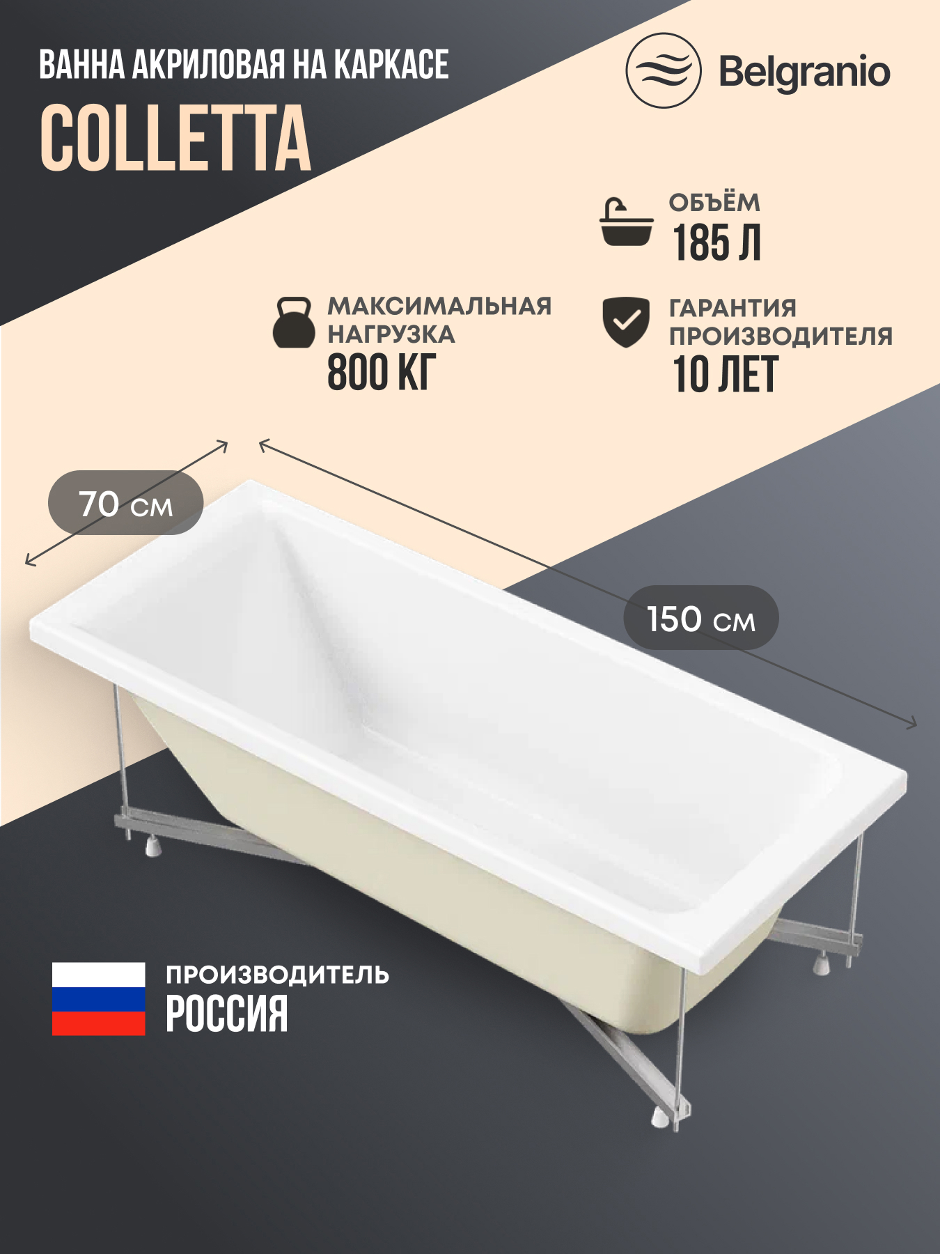 Изображение товара Ванна Belgranio Colletta 150x70 акриловая с каркасом цвет белый