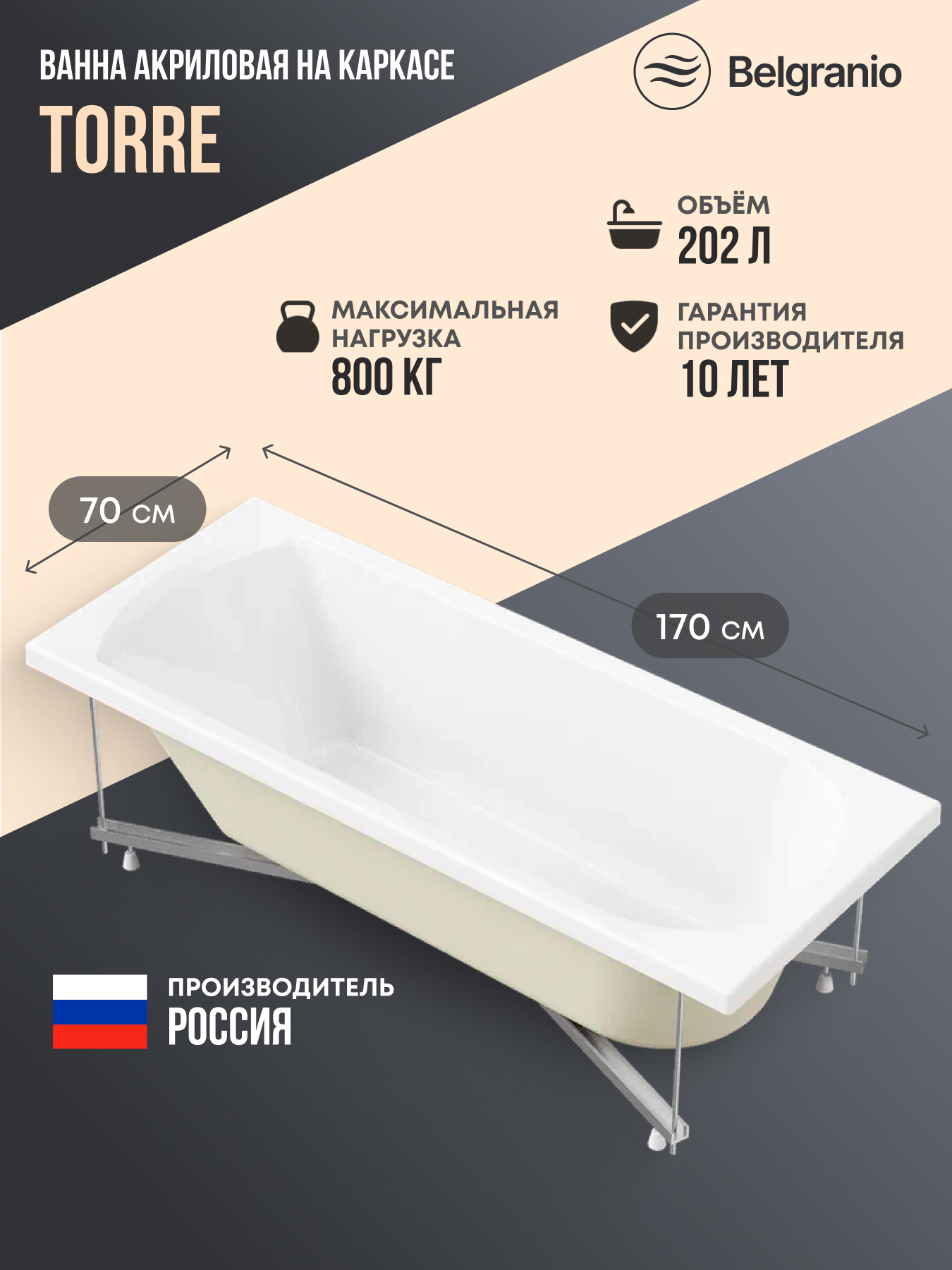 Изображение товара Ванна Belgranio Torre 170x70 акриловая с каркасом цвет белый