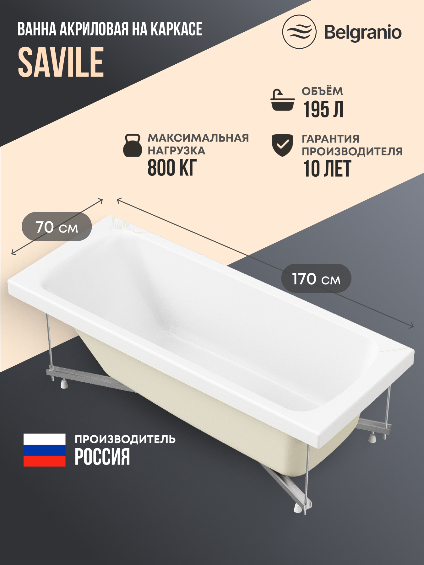 Изображение товара Ванна Belgranio Savile 170x70 акриловая с каркасом цвет белый