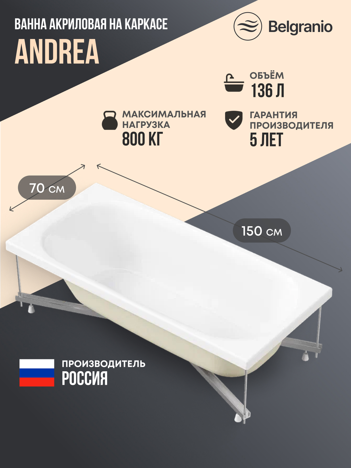Изображение товара Ванна Belgranio Andrea 150x70 акриловая с каркасом цвет белый