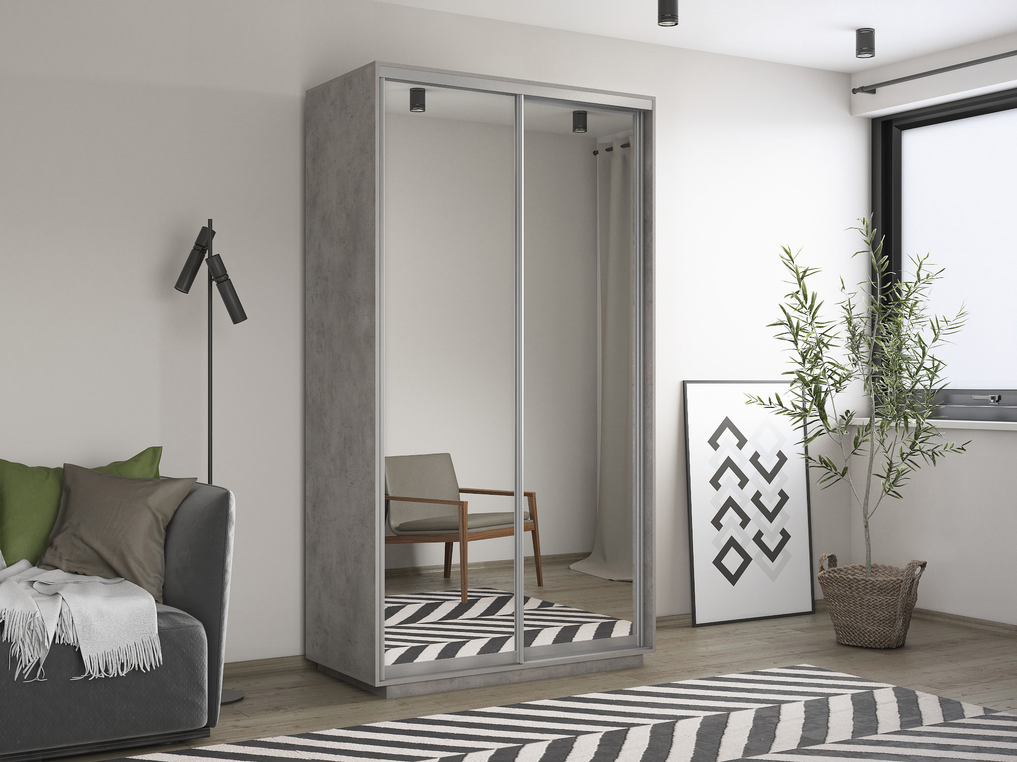 Изображение товара Шкаф-купе с зеркалом МК Е1-Юг 220x120x60 см, 2 полки, бетон