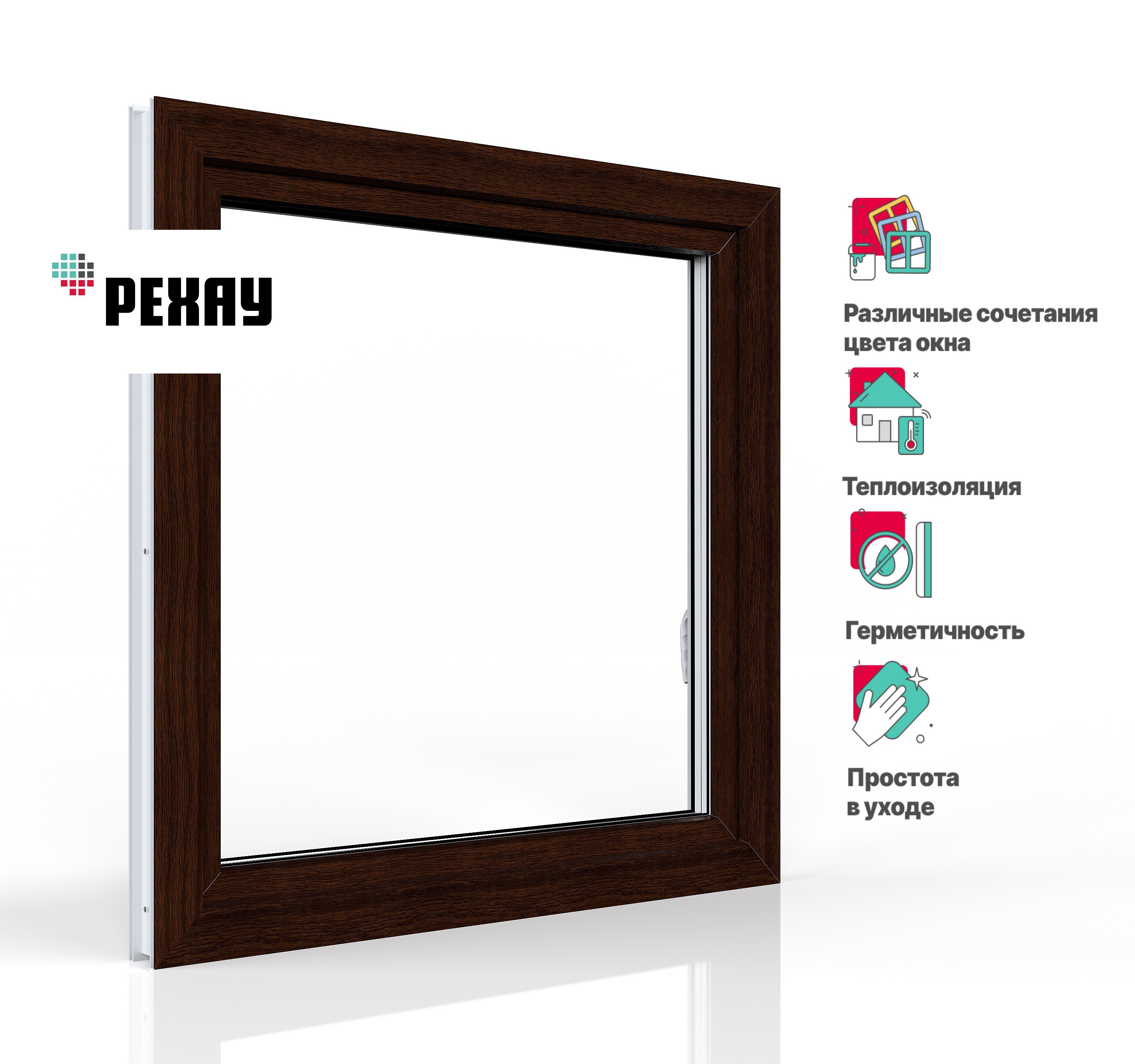 Изображение товара Пластиковое окно ПВХ Рехау одностворчатое 1000x1000мм поворотно-откидное правое (ВхШ) двухкамерный стеклопакет белый/темный дуб