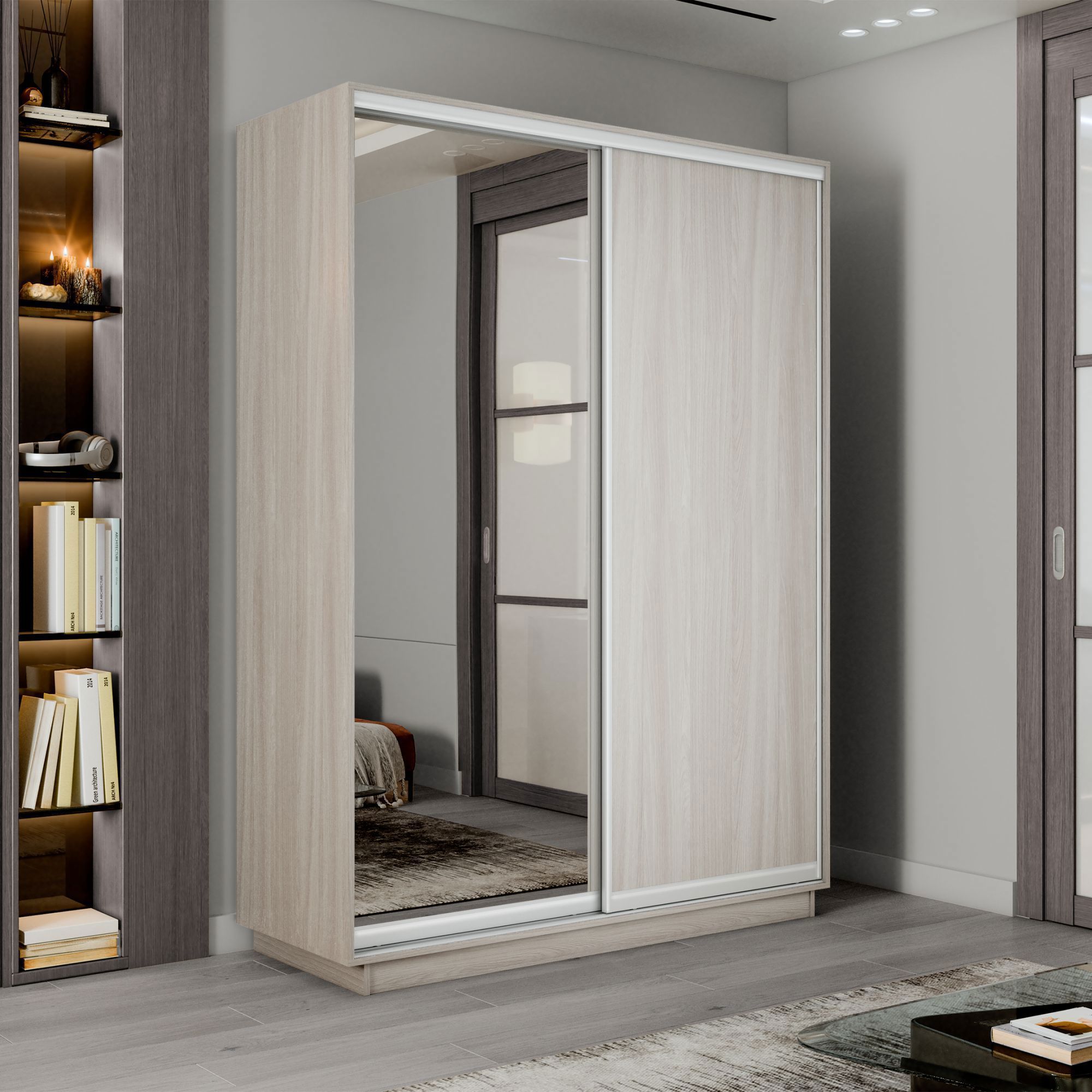 Изображение товара Шкаф-купе с зеркалом МК Е1-Юг Экспресс 220x140x45 см с 7 полками Изображение товара Шкаф-купе с зеркалом МК Е1-Юг Экспресс 220x140x45 см с 7 полками