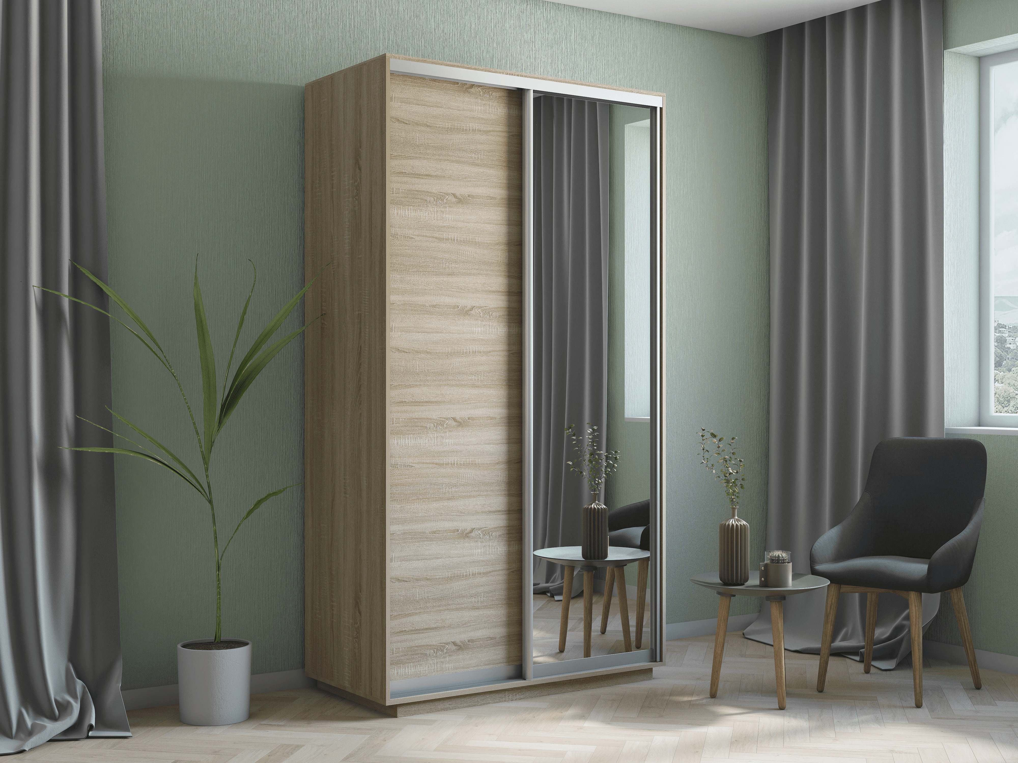 Изображение товара Шкаф-купе с зеркалом МК Е1-Юг 220x120x60 см современный дизайн коричневый Изображение товара Шкаф-купе с зеркалом МК Е1-Юг 220x120x60 см современный дизайн коричневый