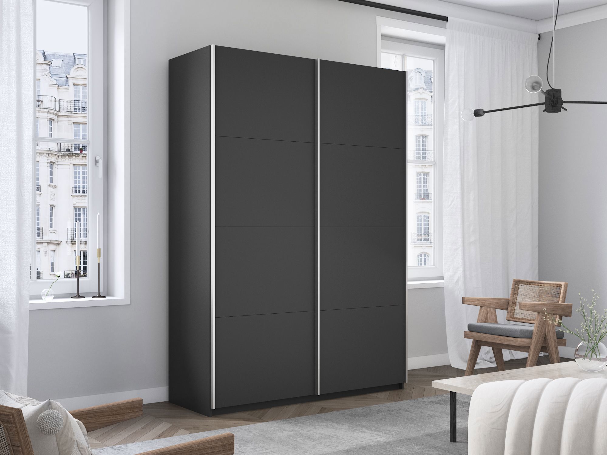 Изображение товара Шкаф-купе Мебельная Компания Е1 2 дверный 230x140x57 см 7 полок ЛДСП цвет серый 1Pdd_140_Dm