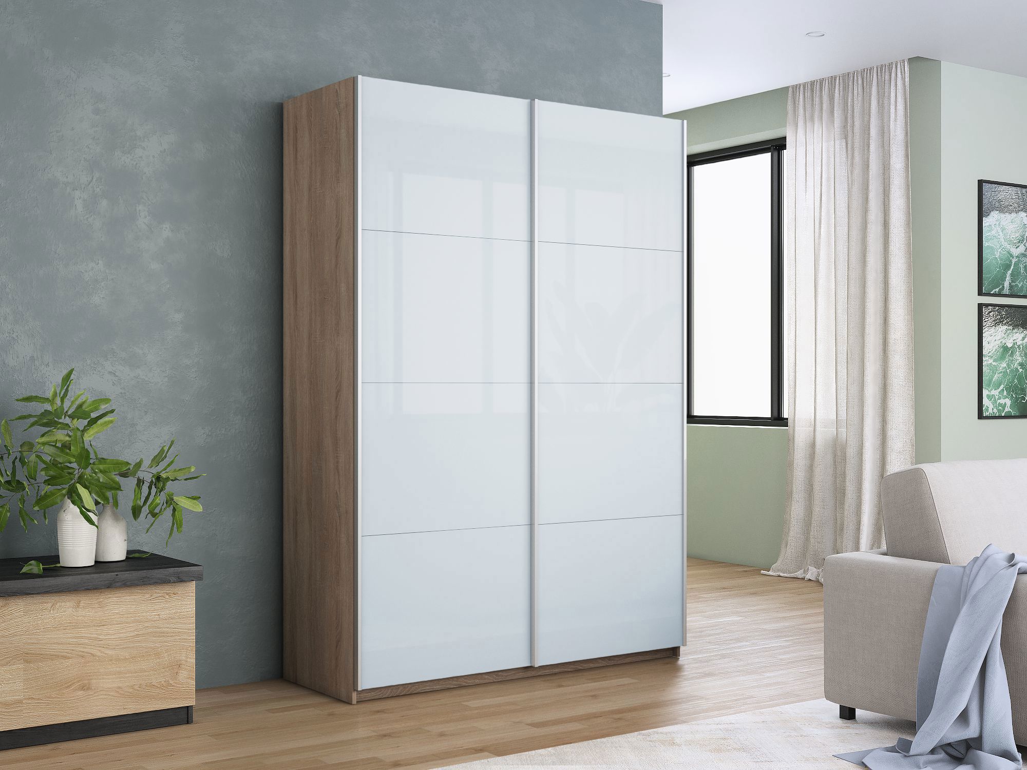 Изображение товара Шкаф-купе Мебельная Компания Е1 2 дверный 230x160x57 см 7 полок ЛДСП цвет дуб сонома Pss_160_S