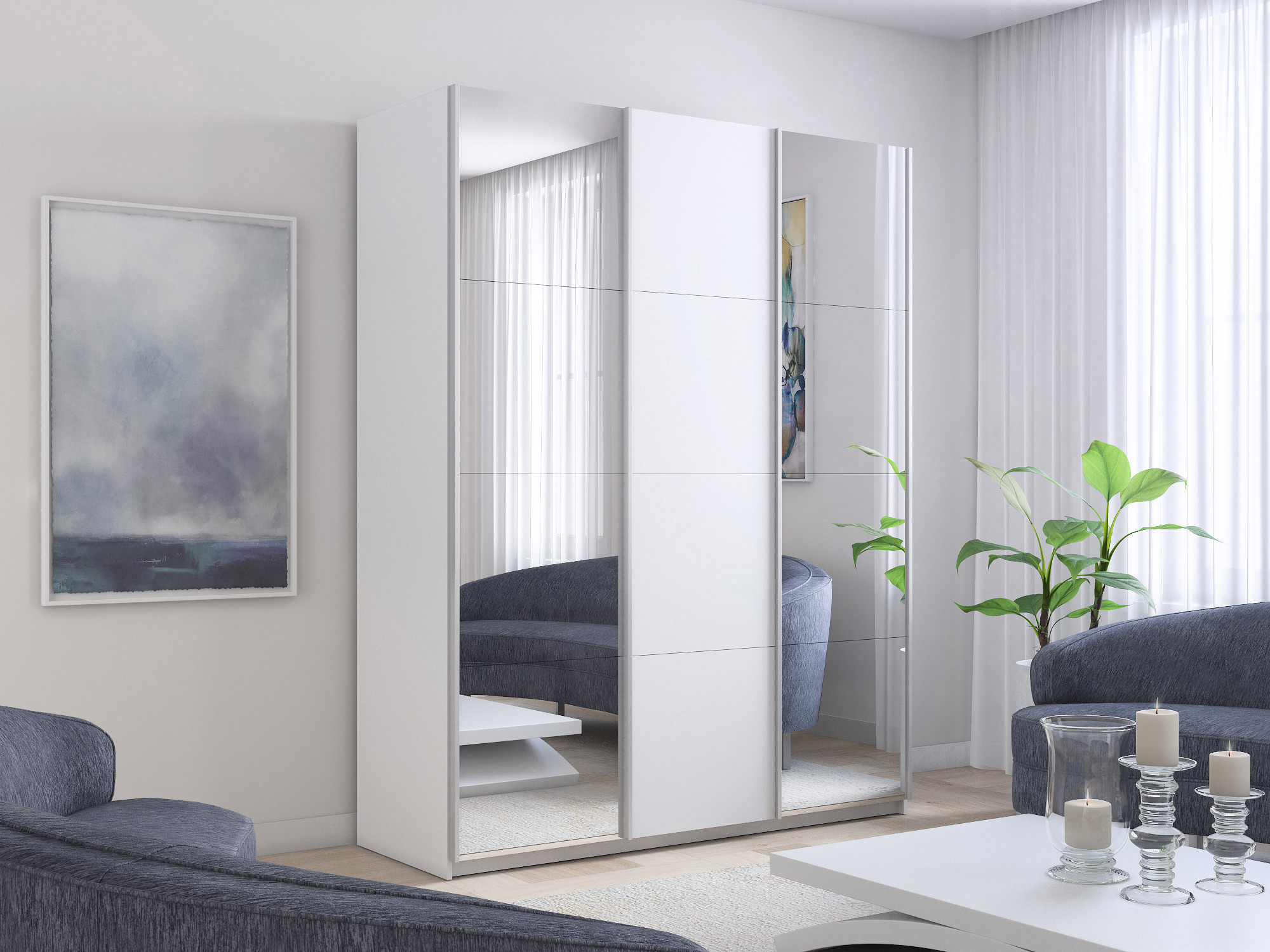 Изображение товара Шкаф-купе Мебельная Компания Е1 3 дверный 230x180x57 см 9 полок ЛДСП цвет белый 1Pzdz_180_B