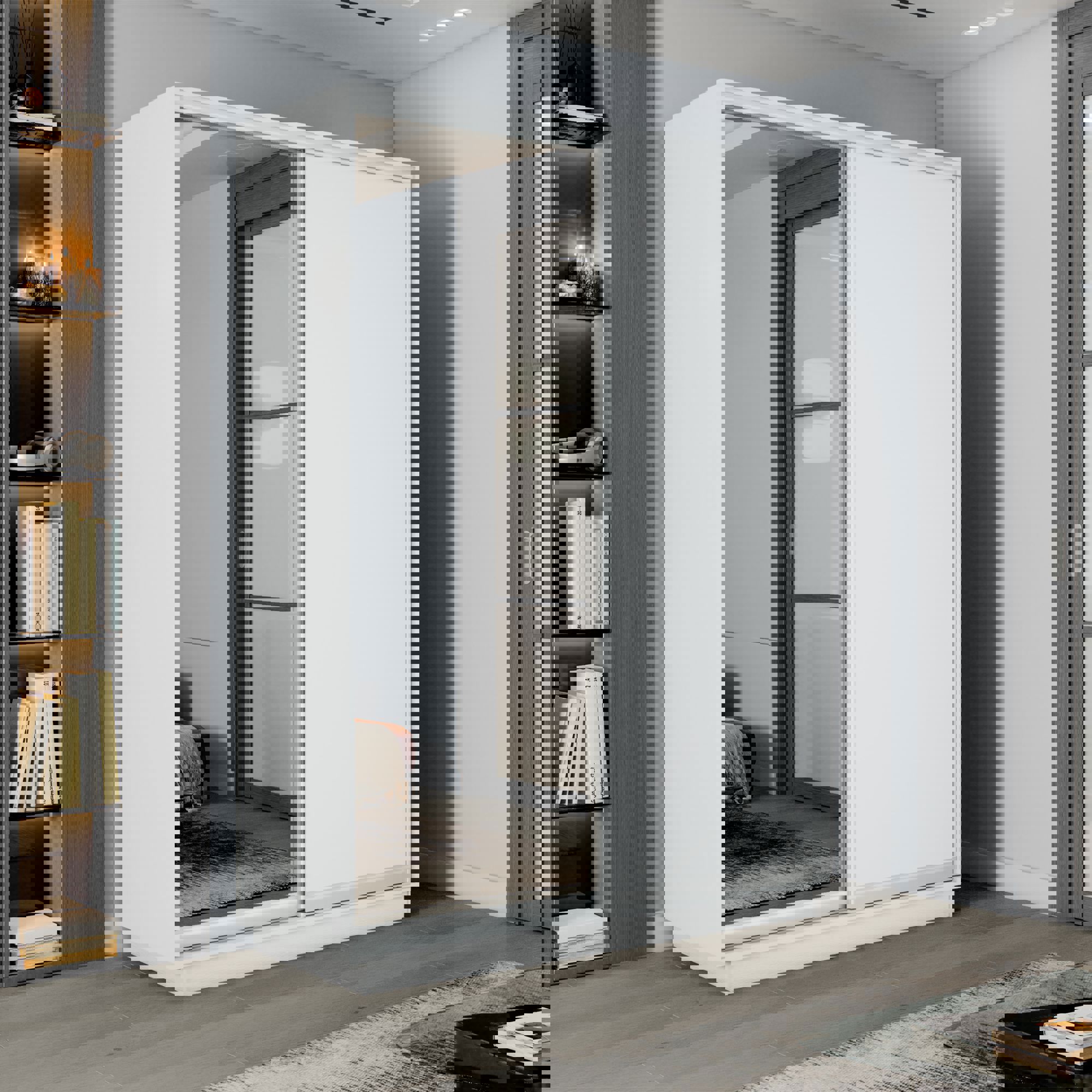 Изображение товара Шкаф-купе двухстворчатый 240x140x60 см зеркало 7 полок ЛДСП белый Е1 Изображение товара Шкаф-купе двухстворчатый 240x140x60 см зеркало 7 полок ЛДСП белый Е1