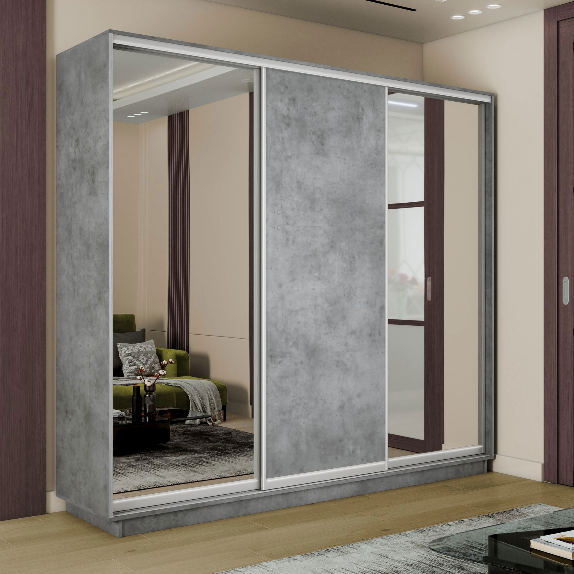 Изображение товара Шкаф-купе Мебельная Компания Е1 3 дверный 240x210x45 см зеркало 9 полок ЛДСП цвет бетон 45emt2_210240_bt Изображение товара Шкаф-купе Мебельная Компания Е1 3 дверный 240x210x45 см зеркало 9 полок ЛДСП цвет бетон 45emt2_210240_bt