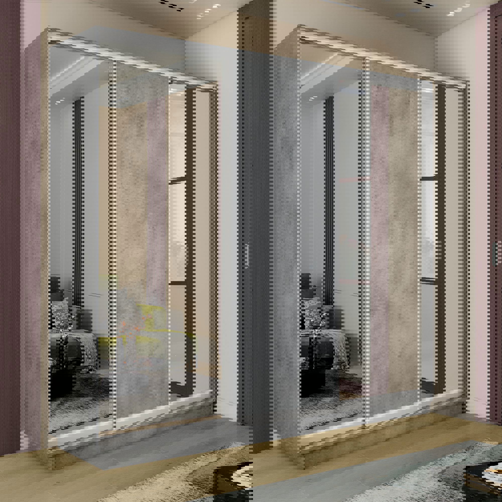 Изображение товара Шкаф-купе Мебельная Компания Е1 3 дверный 220x240x60 см зеркало 9 полок ЛДСП цвет бетон