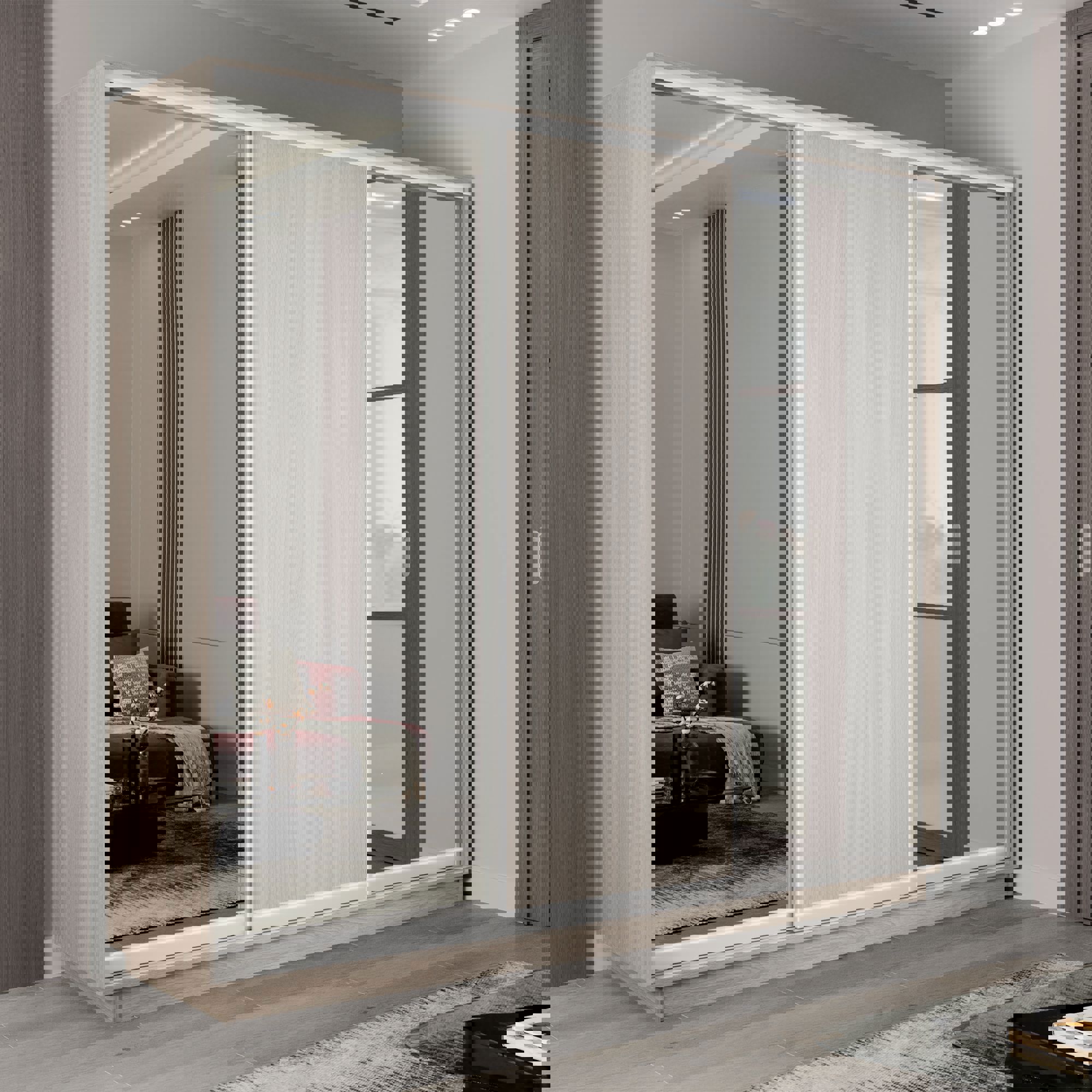 Изображение товара Шкаф-купе Мебельная Компания Е1 3 дверный 240x240x60 см зеркало 9 полок ЛДСП цвет ясень шимо светлый