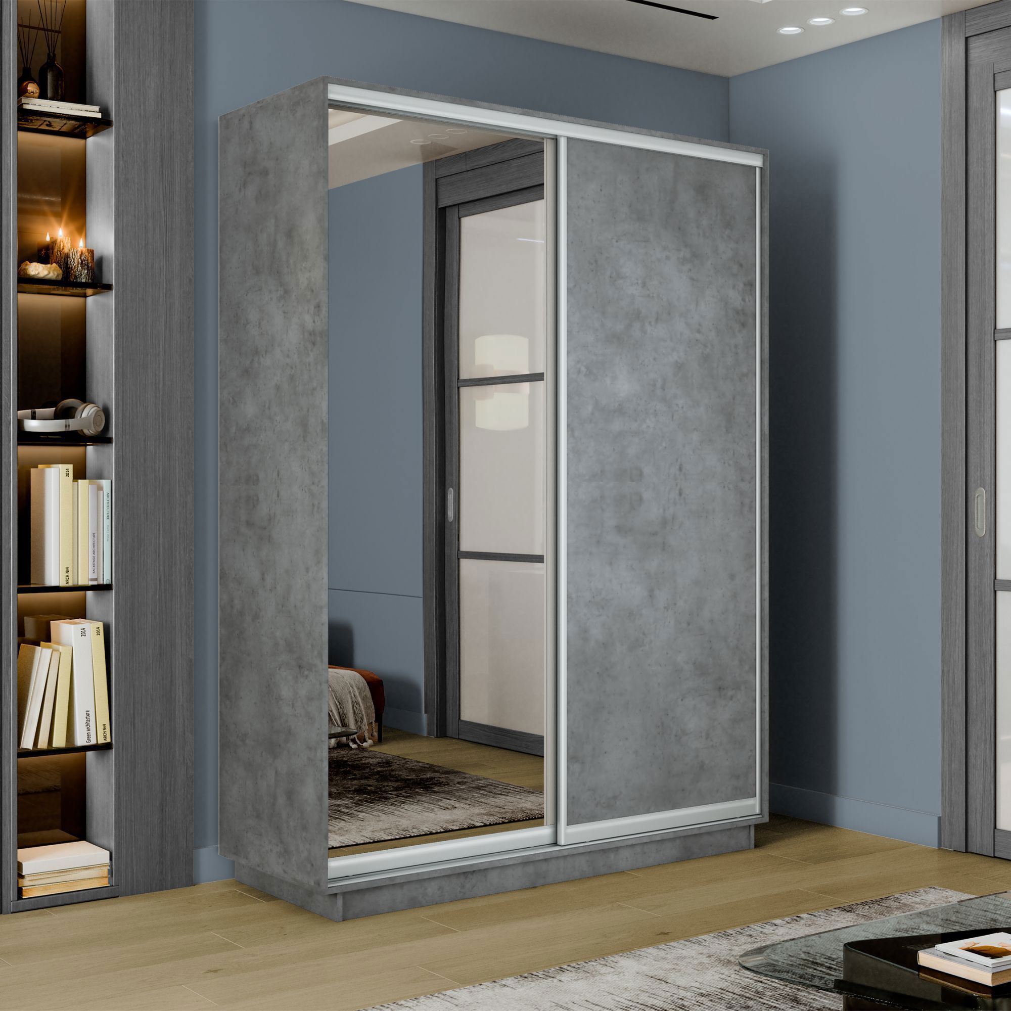 Изображение товара Шкаф-купе Мебельная Компания Е1 2 дверный 240x140x45 см зеркало 7 полок ЛДСП цвет бетон