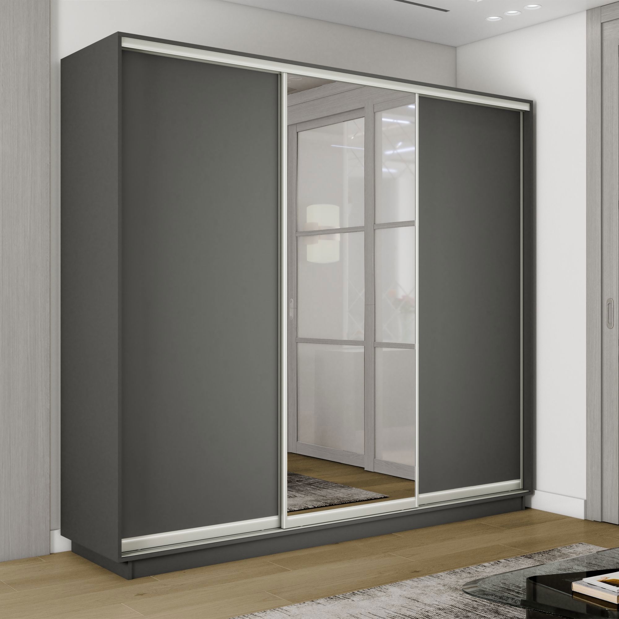 Изображение товара Шкаф-купе Мебельная Компания Е1 3 дверный 240x180x45 см зеркало 9 полок ЛДСП цвет серый